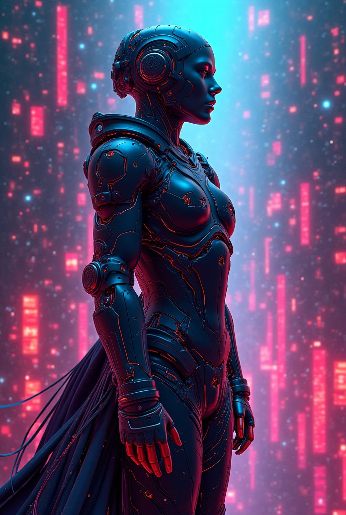 a cybernetic ebony woman naked in in a futuristic library with a holographic roof