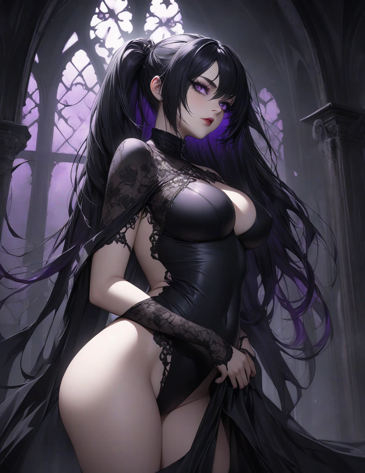 Solo. 1-woman. Adult woman. A big-breasted beauty with long black hair. Her bangs were parted in the middle, revealing her forehead. She was the grim reaper. Unusual hairstyle. There are accessories on her clothes. Dressed in the typical black robe of a grim reaper. Carrying a large scythe. She's have a scorpion tail. There was a sinister air about her. She's dangerous. Scorpio. Creepy. Smiling. Fantasy.