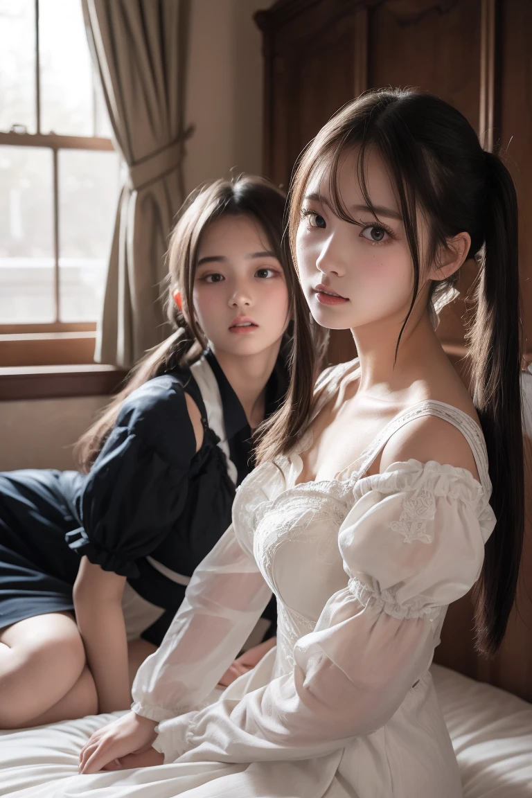 High Quality, Masterpiece, Highly Detailed, High Resolution, 4K, Ultra High Definition, Detailed Shadows, Ultra Realistic, Dramatic Lighting, 1girl, Solo, Detailed Face, Realistic Eyes, Realistic Skin, Dynamic Hair, Dynamic Pose, Dynamic Angle, White Flower Dress, White Background, ulzzang-6500-v1.1, (raw Photo:1.2), ( photorealistic:1.4), beautiful detailed girl, very detailed eyes and face, beautiful detailed eyes, ridiculous, incredibly ridiculous, huge file size, super detailed, high resolution, very detailed, best quality,
(Bright indoor), (soft light), (low contrast), (shallow depth of field), (portrait of a beautiful woman illuminated by gentle light), (extremely delicate and elegant depiction), (short length bangs), (hair color is a dark chestnut shade with a slight brown tone), (hair with a subtle and gentle wave), (small braids intricately woven on the side of long hair), (adorned with a thin ribbon), ( white blouse with small frills), (bow tie), (blue long skirt), (white short ankle socks), illustration, very detailed, CG, unified, 8k wallpaper, amazing, fine detail, best quality, Very detailed CG unified 8k wallpaper, face light, movie lighting, 1girl, 16 years old, ((no panties)), ((dynamic pose))), (camel toe), (half), (bent knees and legs sitting))