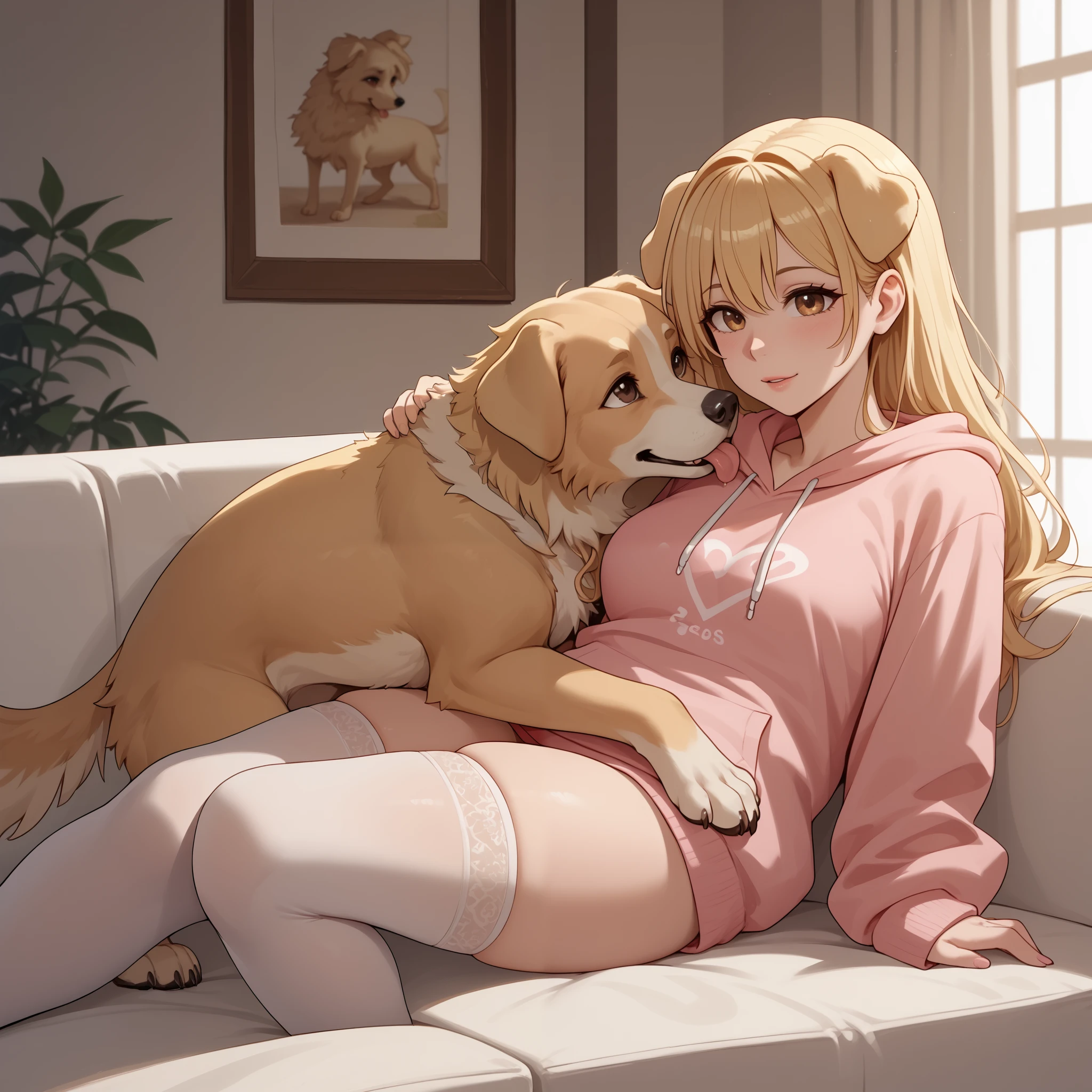 (Masterpiece) (High Detail) (High Res) A short curvy slim Humanoid canine female with pale human skin and brown eyes and long blonde straight hair and fluffy blonde floppy doggy canine ears and a long fluffy blonde doggy canine tail and medium breasts. She is sat on the sofa with her big Golden Retriever dog. She is wearing an oversized hoodie which is down to her thighs. Thigh-High stockings. Cuddling a big feral dog. The golden retriever dog is licking her face.