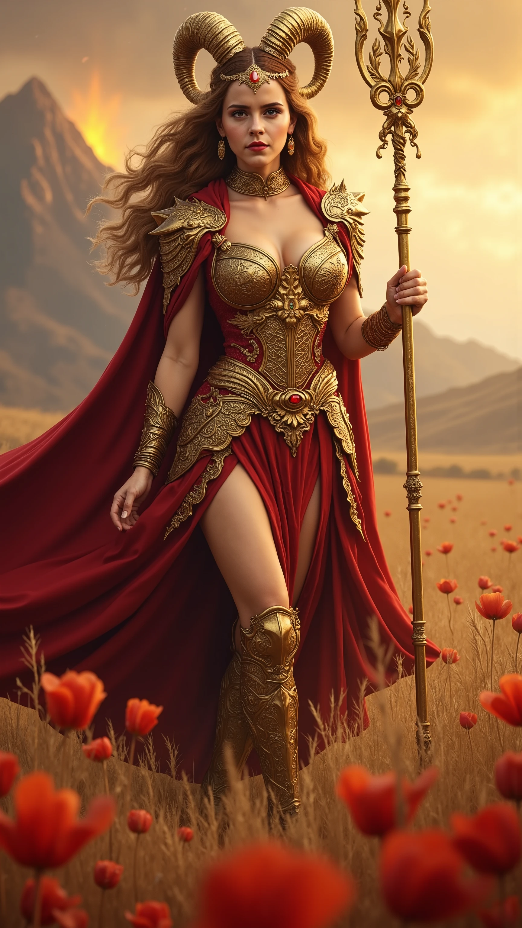 Emma Watson reimagined as a majestic hot and gorgeous a Aries Zodiac sign walking and holding golden spear、1 female、 full figure, full body, cleavage,
long, chestnut-brown hair, styled in intricate braids intertwined with golden threads, cascades over her shoulders, crowned by an ornate golden tiara shaped like majestic ram’s horns, encrusted with fiery rubies and gleaming topaz. piercing amber eyes,
She wears an ultra-luxurious celestial armor, crafted from polished gold and crimson steel, adorned with intricate engravings of flames, battle runes, and Aries glyphs. Her breastplate, sculpted with bold geometric patterns and encrusted with rubies, glows under the sunlight, reflecting Aries’ warrior spirit. Her pauldrons, shaped like curved ram’s horns,
A deep crimson cloak, woven from celestial silk embroidered with golden constellations and Aries’ sacred fire, cascades behind her, fastened by a brooch shaped like a blazing sun, encircled by twin ram horns. Around her neck, she wears an ornate choker of gold and obsidian, set with flaming carnelian and garnet gemstones,
In her hands, she holds a celestial golden spear, its shaft wrapped in carved flames and lightning patterns, crowned with a shimmering phoenix-shaped spearhead,
big breast、 alluring 、shows her female character's full figure, athletic body, perfect face, full body, extremely beautiful, goddess, female shape, perfect anatomy, The background showcases towering volcanic peaks rise under a brilliant golden sky, their molten rivers glowing like the heartbeat of the earth. The Aries constellation burns brightly above, its twin ram stars gleaming with cosmic fire. Fields of scarlet poppies and golden wheat sway in the warm wind, photorealistic, masterpiece, realistic, high contrast, 8k, HD, high definition detailed, detailed, hyper detailed, realistic skin texture, best quality, ultra high resolution, hyper realistic, no text, very detailed eyes, dramatic lighting