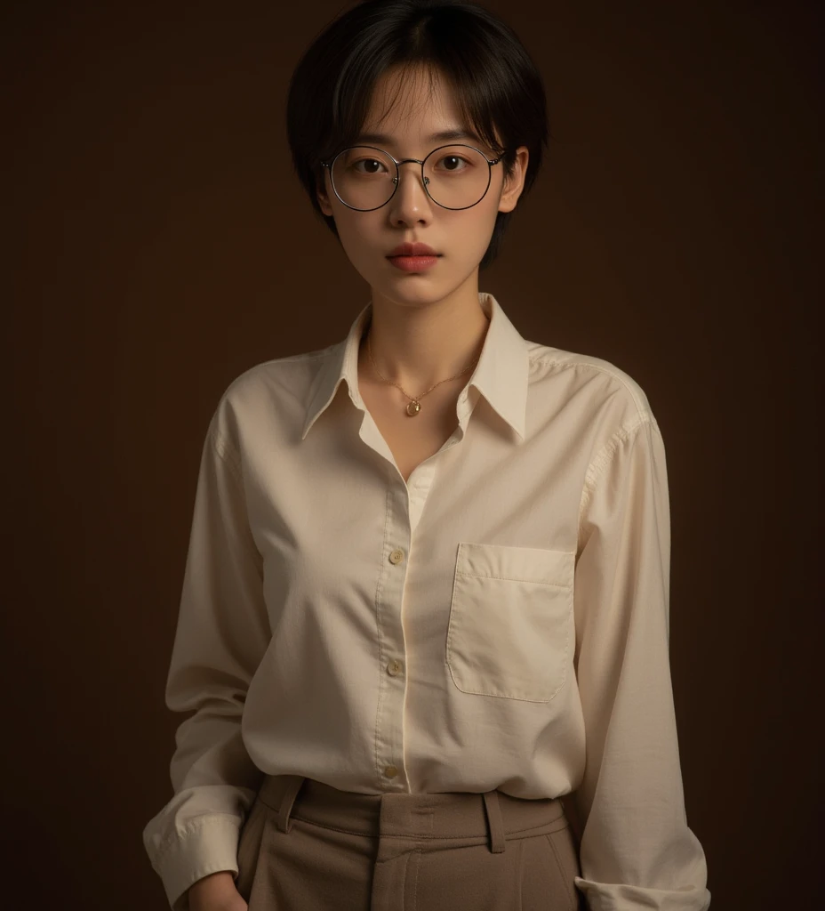 Realistic, beautiful woman pixie cut brown hair wearing eyeglasses , white shirt and black pants,, smokey yellow on the background