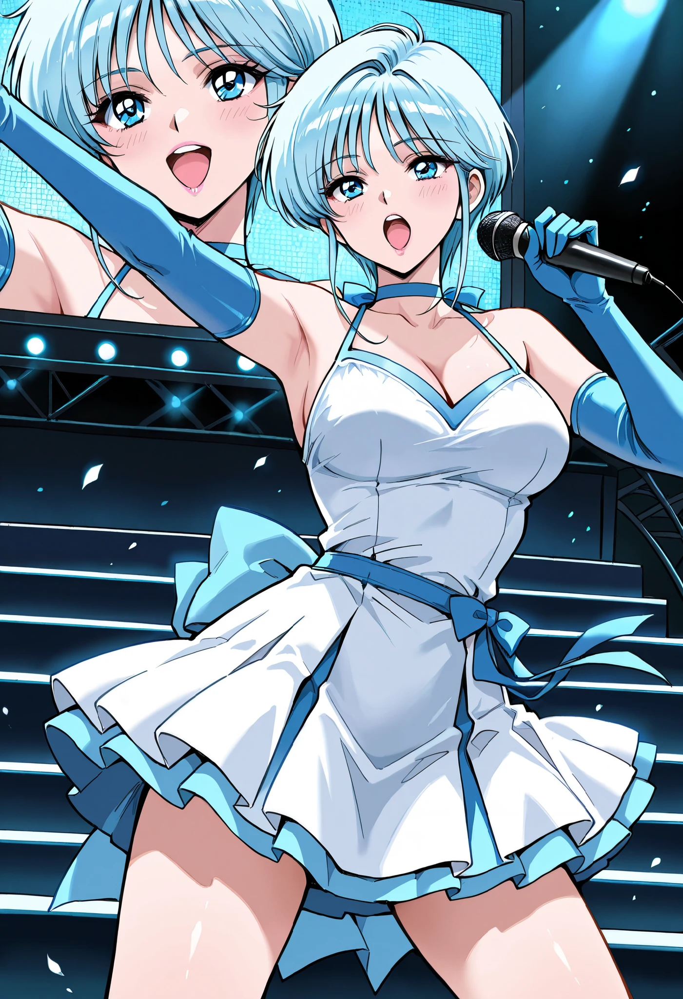 Score_9, score_8_up, score_7_up, source_anime, Yukime, solo, light blue hair, blue eyes, large breasts, short hair, long sideburns, 1990s, (best quality), (high quality), {masterpiece}, extremely delicate and beautiful, ultra-detailed, beautiful detailed eyes, idol, idol costume, blue and white dress, blue elbow gloves, holding microphone, on stage, screen, multi colored light, dynamic pose, singing, pink lips, open mouth