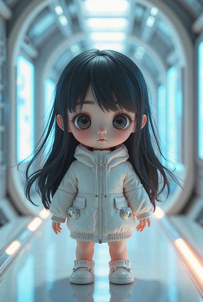 Female child with indigenous features and long, dark hair parted in the middle and tied in 2 parts wearing a white long-sleeved blouse with holographic material details and a white skirt and socks with platform sneakers. With earphones. sci fi style