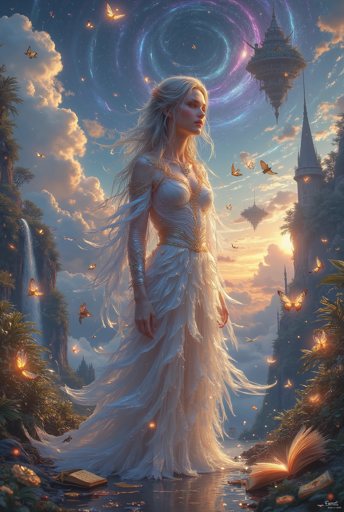 Create a highly detailed, surreal, and dreamlike masterpiece that evokes a sense of awe and wonder. The focal point of the artwork is a strikingly beautiful woman with an ethereal presence, her features delicate yet otherworldly. She is adorned in flowing, translucent garments that seem to blend seamlessly with the surrounding environment. Her hair cascades like liquid starlight, shimmering with subtle hues of gold and silver.
The background is a mesmerizing, otherworldly landscape that defies reality—a fusion of floating islands, cascading waterfalls that flow upward into the sky, and luminous, bioluminescent flora that glows softly in the twilight. The sky is a swirling tapestry of vibrant colors, blending deep purples, blues, and golds, with constellations that form intricate, unfamiliar patterns.
In the foreground, intricate details abound: delicate butterflies with translucent wings, each wingtip glowing faintly; a serene, reflective pool that mirrors not just the woman but an alternate, dreamlike version of the scene; and scattered, surreal elements like clocks melting into the air, or books with pages that transform into flocks of birds.
The overall composition should feel balanced yet dynamic, with a sense of depth and movement that draws the viewer into the scene. The lighting is soft and diffused, with a magical glow that enhances the dreamlike quality. The artwork should be rendered in ultra-high resolution, with meticulous attention to detail, making it worthy of being displayed as a world-class piece of surreal art.,