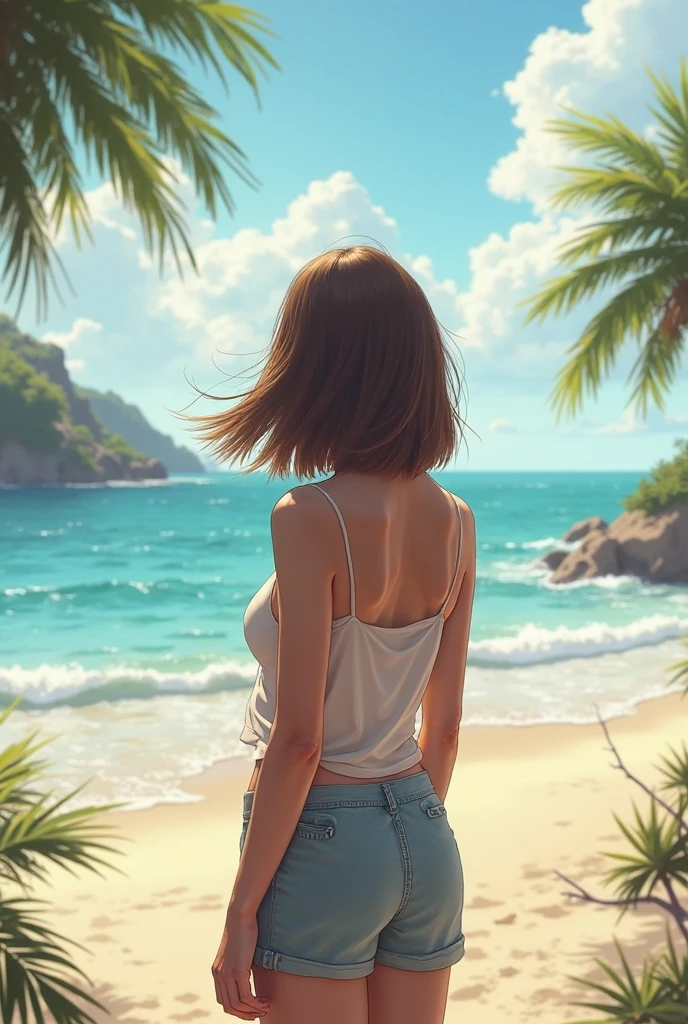 On a beach, a woman sitting on the edge of the sea, with her back to the camera, flowing hair enjoying the landscape, sky with large pink and orange clouds, seagulls flying, late afternoon, photorealistic, well detailed, intricate masterpiece, 8k, great focus, ultra HD, absurdly realistic, detailed, perfect composition, photoaward-winning