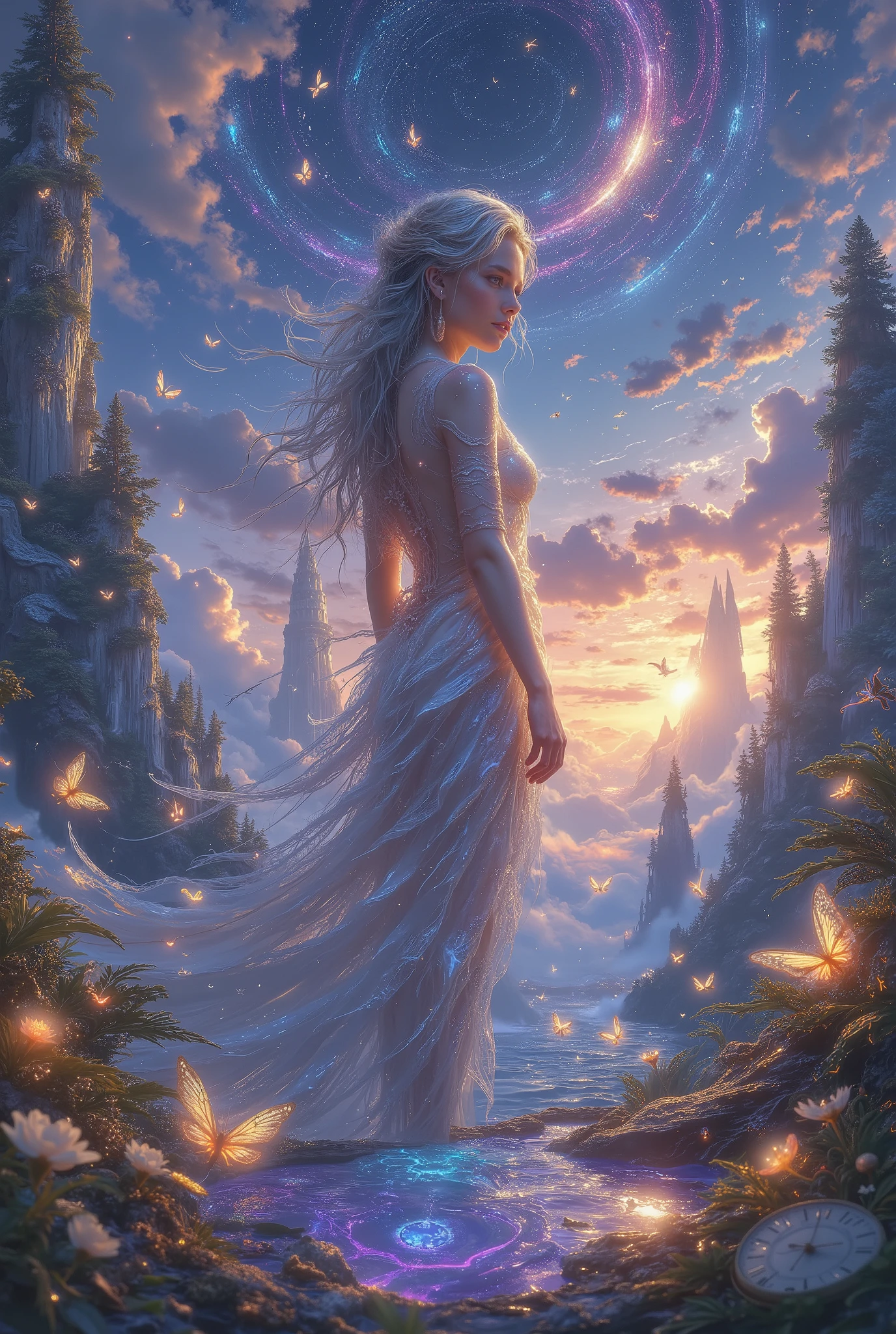 Create a highly detailed, surreal, and dreamlike masterpiece that evokes a sense of awe and wonder. The focal point of the artwork is a strikingly beautiful woman with an ethereal presence, her features delicate yet otherworldly. She is adorned in flowing, translucent garments that seem to blend seamlessly with the surrounding environment. Her hair cascades like liquid starlight, shimmering with subtle hues of gold and silver.
The background is a mesmerizing, otherworldly landscape that defies reality—a fusion of floating islands, cascading waterfalls that flow upward into the sky, and luminous, bioluminescent flora that glows softly in the twilight. The sky is a swirling tapestry of vibrant colors, blending deep purples, blues, and golds, with constellations that form intricate, unfamiliar patterns.
In the foreground, intricate details abound: delicate butterflies with translucent wings, each wingtip glowing faintly; a serene, reflective pool that mirrors not just the woman but an alternate, dreamlike version of the scene; and scattered, surreal elements like clocks melting into the air, or books with pages that transform into flocks of birds.
The overall composition should feel balanced yet dynamic, with a sense of depth and movement that draws the viewer into the scene. The lighting is soft and diffused, with a magical glow that enhances the dreamlike quality. The artwork should be rendered in ultra-high resolution, with meticulous attention to detail, making it worthy of being displayed as a world-class piece of surreal art.,