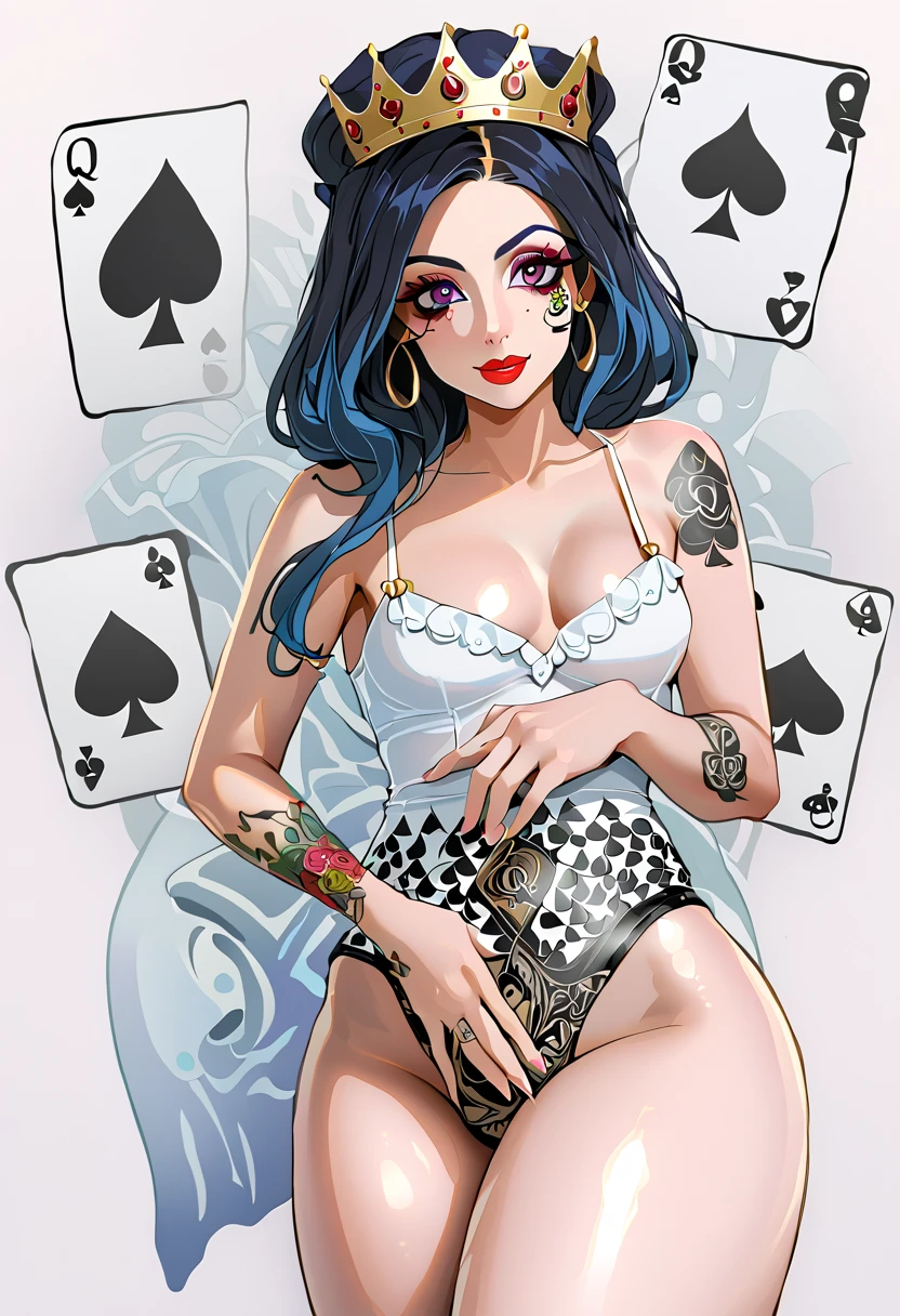 girl,big breasts, Long purple and blue hair, swimsuit, hands, sexy smile, 8k, super detail, idea tattoo, tarot card style, ((masterpiece)), (((Best Quality)))