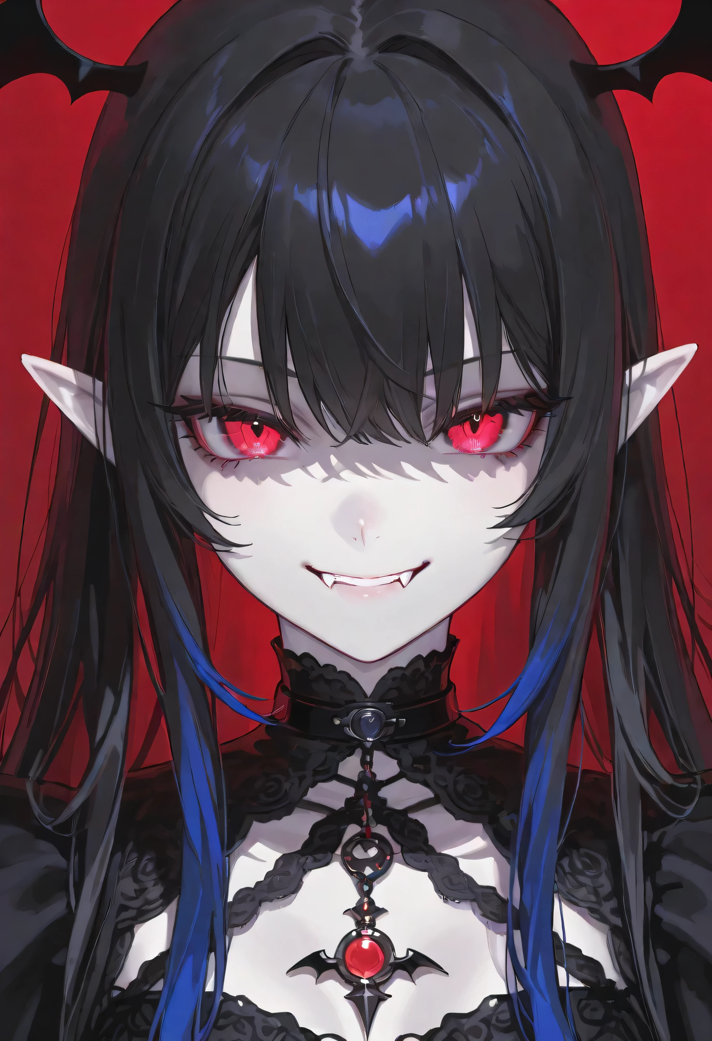 A gothic vampire girl with short black hair and dark blue tips, glowing red eyes, and sharp fangs. She has pale skin and an eerie yet enchanting smile. She wears an elegant black lace gothic dress with intricate details, along with a dark choker featuring a bat-shaped pendant. Her elf-like pointed ears add a supernatural charm. The background is dark and mysterious, with gothic patterns and shadows creating a haunting yet captivating atmosphere. Her expression is both playful and intimidating, embodying a perfect mix of beauty and menace