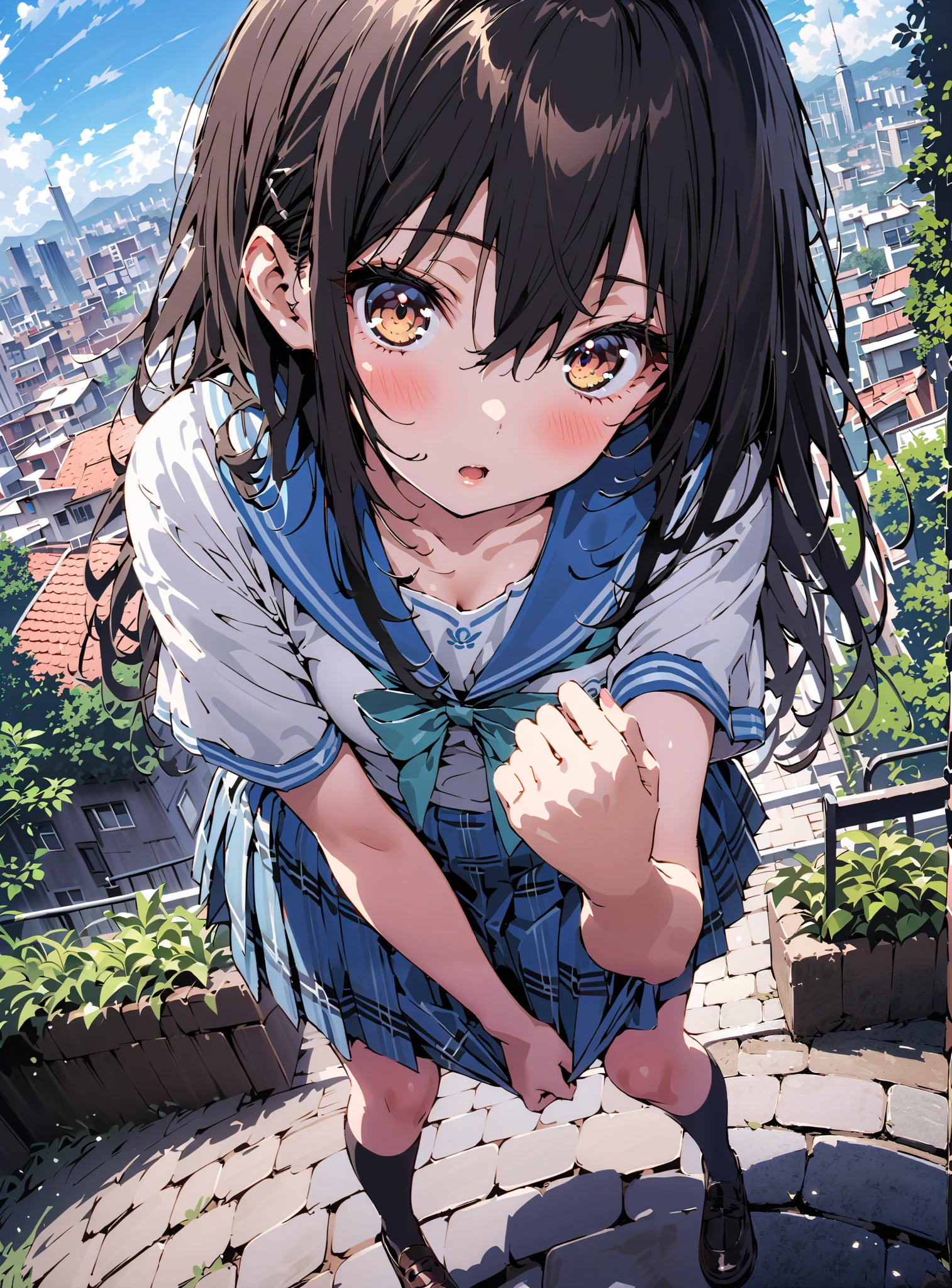 Yukina Himeragi,short hair, black hair, brown eyes, medium breasts, mad at my anal,is embarrassing,blush,skirt, bow, school uniforms, pleated skirt, sailor suit, sailor color, blue skirt, plaid , blue bow, black high socks, is standing, bench,black string panties,Soft Breeze,skirtタグ , eyelashes skirt tug,skirt,lift of the wind ,Beautiful cityscape,open your mouth, angle from below,full bodyがイラストに入るように, break outdoors,garden,
break looking at viewer,full body,
break (masterpiece:1.2),highest quality , kampala, Unity 8K Wallpaper ,(shape:0.8),( fine, beautiful eyes :1.6),It's a person ,full body写真,CG Details , (perfect hands, complete anatomy),