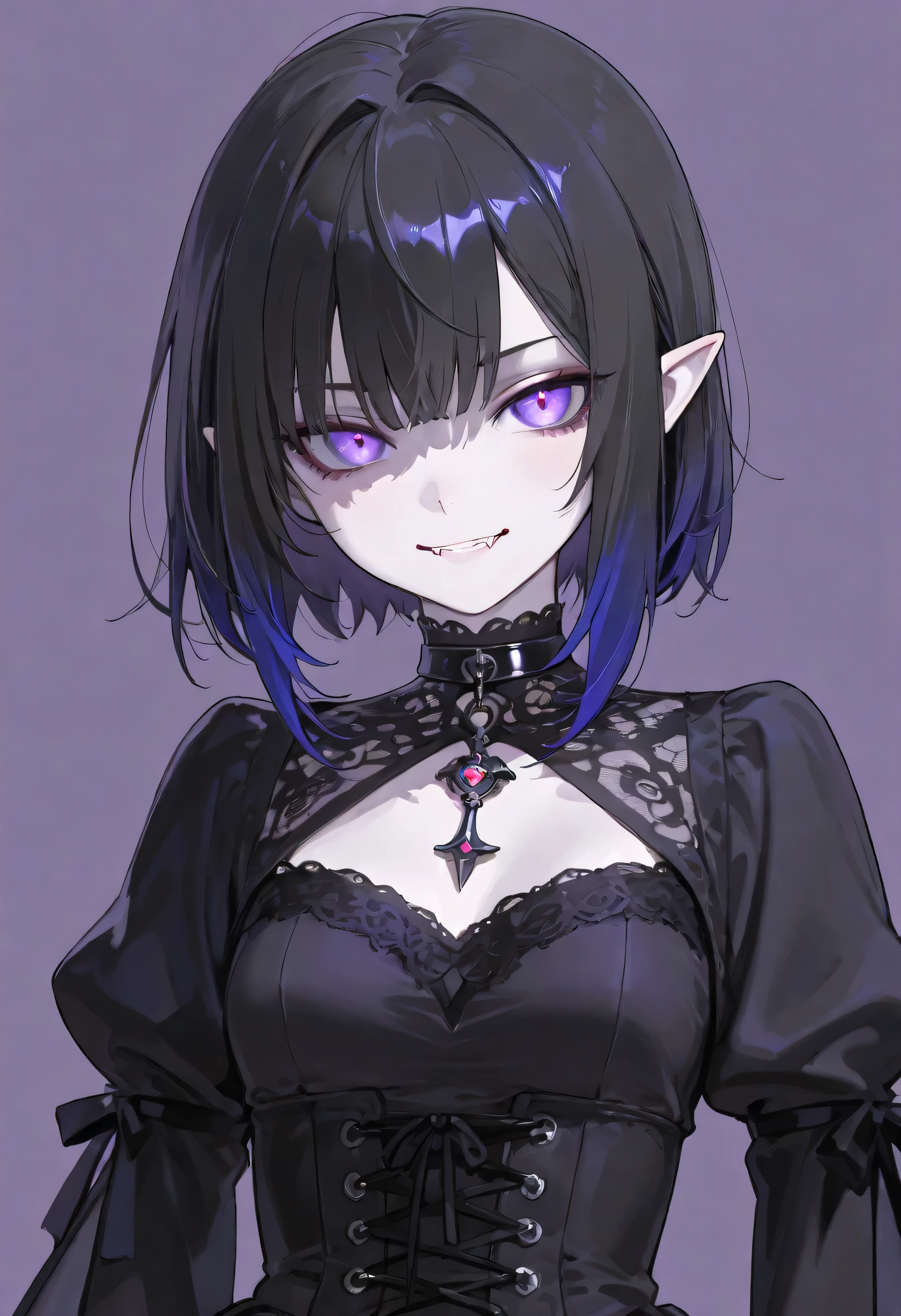 ((best quality)), ((masterpiece)), (detailed), 4k dark gothic horror style, Halloween style, very small goblin girl, green skin, pointy ears, short purple hair with black streaks pixie hairstyle, bright red eyes, in a dark gothic castle, cinematic dark lighting, stark lighting, dim, wearing ornate black lace lingerie, very long purple silk cape, slight seductive smile, looking at viewer, wearing black lace veil over face