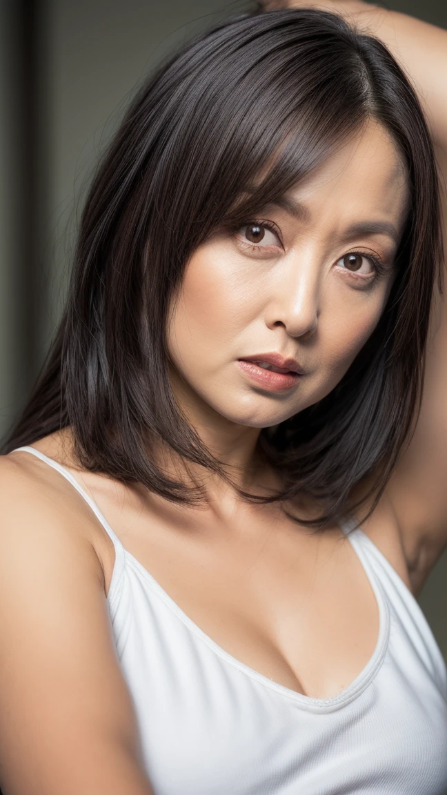 (((Japanese 78 year old mature woman))),top-quality, masterpiece, hight resolution, Photorealsitic, Raw photography, flawless, profetional lighting, ighly detailed, depth of fields,sand beach, (((78-year-old))), (((Wrinkles on the face))),(Nasolabial folds on the face),(((There are stains on the body))) chubby figure, Female sexy, Detailed face, beautidful eyes, bangss,(((droopy chest))), Straight light brown hair that reaches to the shoulders, Faint lips, ((stand facing forward、Staring at the viewer'serious face eyes.)),White bra, White panty,(full bodyesbian),(((opening legs))),
