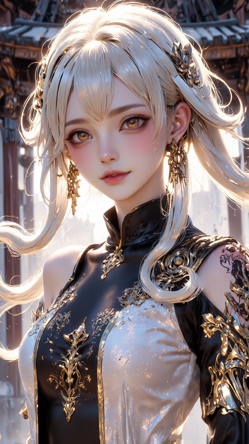 masterpiece、top-quality、hight resolution、High-quality images、8K、the detail、1lady、Photorealsitic、skin gloss、Texture、Lustrous hair、Detailed eye depiction、s lips、Platinum Blonde Longhair、poneyTail、portlate、Long body、sensually、Thicker thighs、Mini dresses in muted colors、venus、a choker、Klimt style background