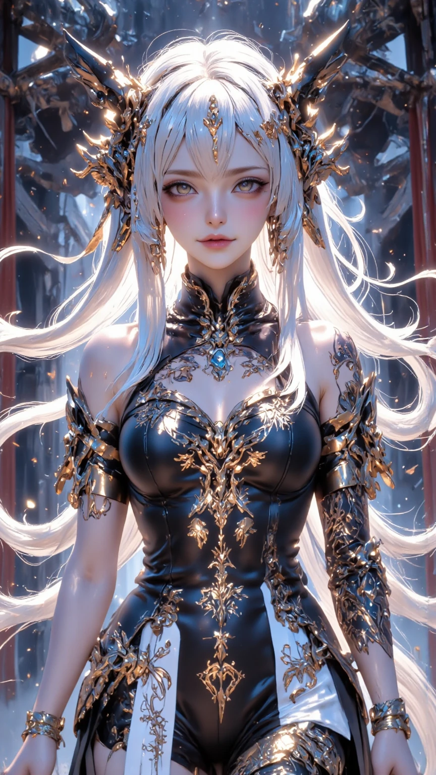 1 brown-skinned girl、Black Dragon Monster Girl、white hair、Gold Eye、Black and red clothes、Hanging