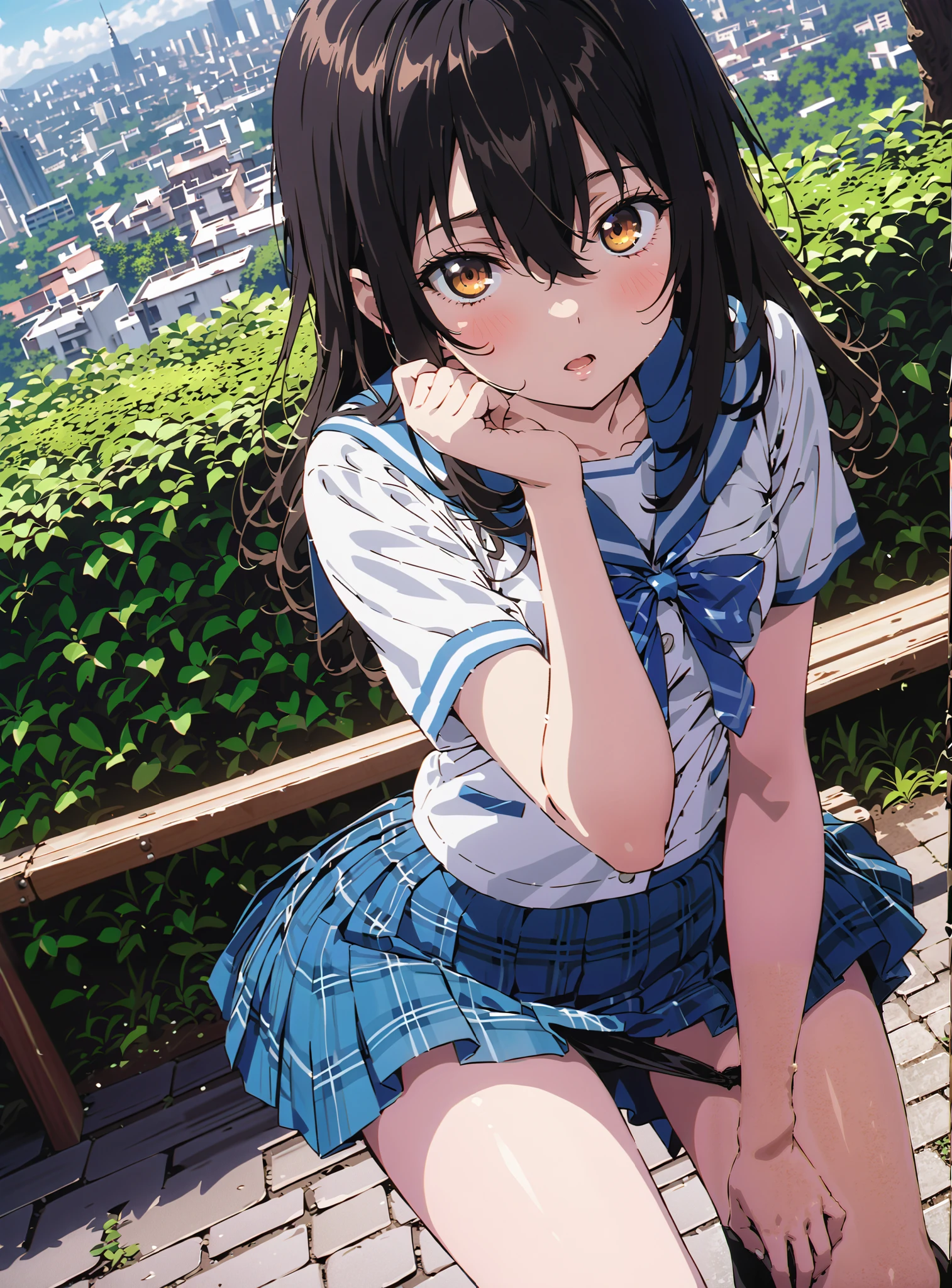 Yukina Himeragi,short hair, black hair, brown eyes, medium breasts, mad at my anal,is embarrassing,skirt, bow, school uniforms, pleated skirt, sailor suit, sailor color, blue skirt, plaid , blue bow, black high socks, is standing, bench,black string panties,Soft Breeze,skirtタグ , eyelashes skirt tug,skirt,lift of the wind ,Beautiful cityscape,open your mouth, angle from below,full bodyがイラストに入るように, break outdoors,garden,
break looking at viewer,full body,
break (masterpiece:1.2),highest quality , kampala, Unity 8K Wallpaper ,(shape:0.8),( fine, beautiful eyes :1.6),It's a person ,full body写真,CG Details , (perfect hands, complete anatomy),