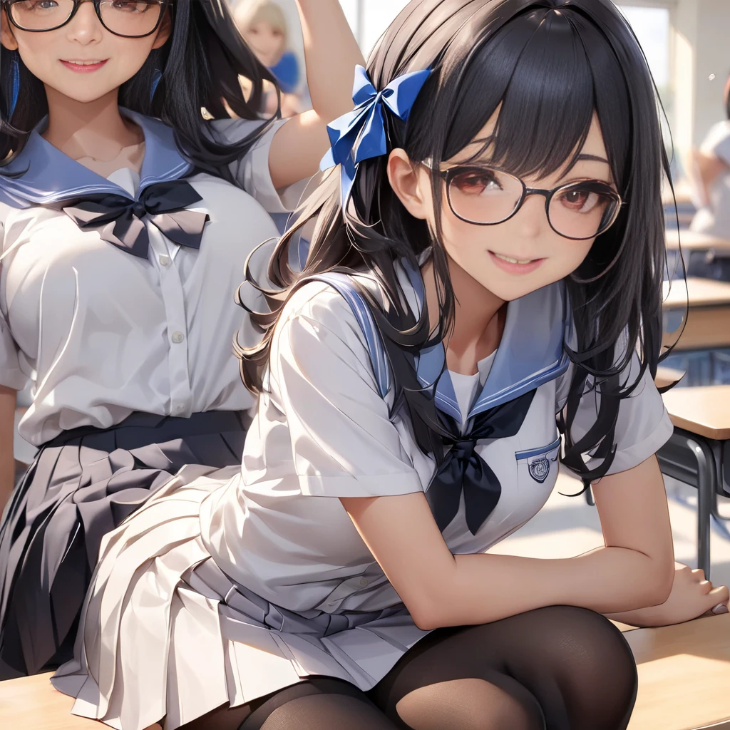 (cute eyes:1.2), (sparkling eyes:1.2), (8K、Best image quality、highest quality、masterpiece)、Detailed face、(2 girls)、Improve、(Black Hair, Purple Eyes, Glasses, long hair)、(open mouth), (embarrassed), (skinny body:1.3),(midium breasts), (off shoulder sailor swimsuit:1.2), (cleavage), (crop top navel), Sit on a chair, Classroom Background, (black stockings:1.1), (Thighs:1.1), (Waistline:1.1),(close-up shot of bust), (from above:1.2)