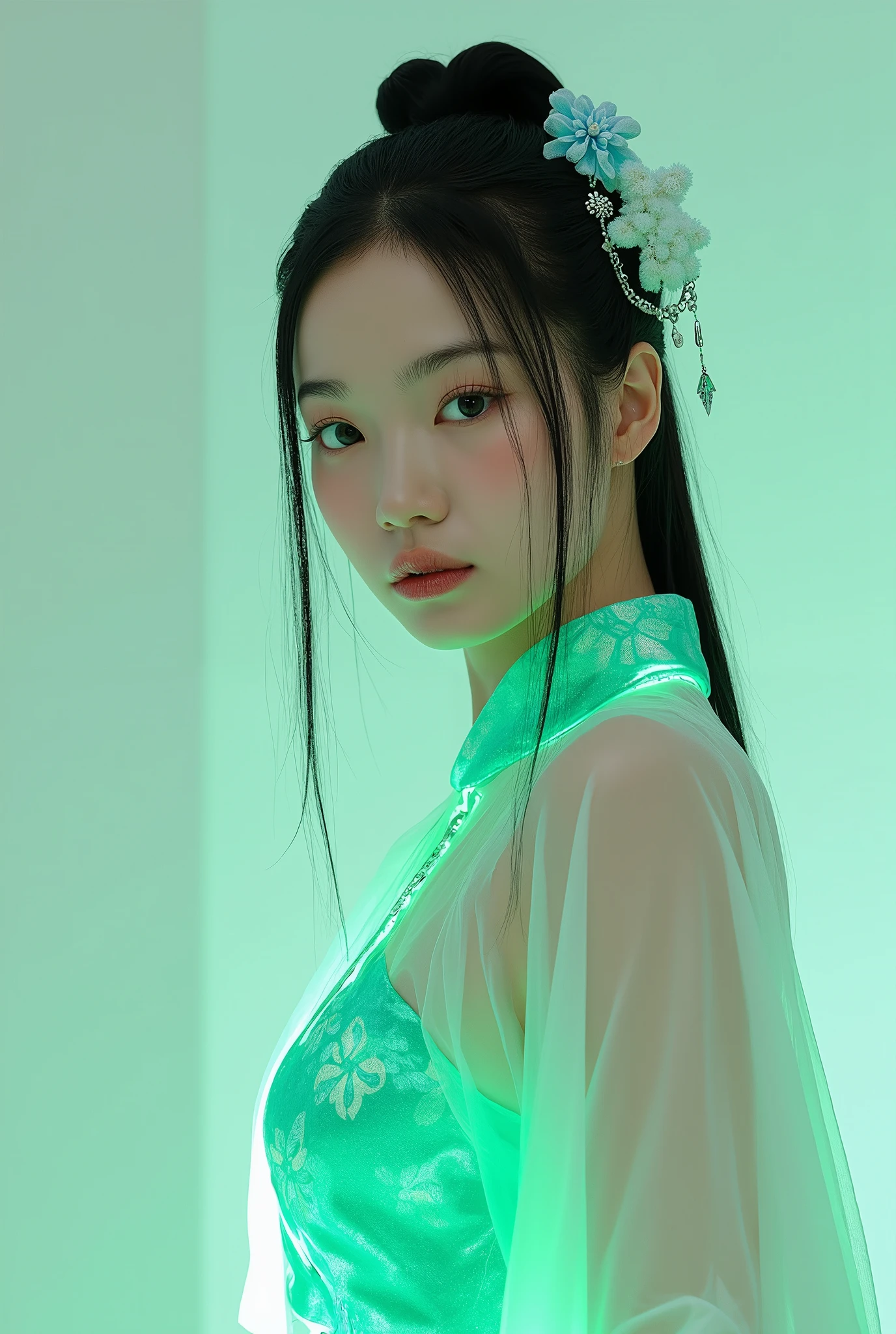(Full Body), A luminous Korean beauty from ancient dynasties (221 BCE - 220 CE) stands majestically against a neutral background, her vibrant white-green twotone Wuxia attire radiating an otherworldly aura. David Lachapelle's lens captures the frozen moment of her polished body, Si-fi graphics luminescent attire, and captivating gaze meeting the camera with unflinching intensity. reflected light liquid metal fabric attire, 8K resolution reveals razor-sharp features, high-contrast details, and Traditional Chinese hairstyles, while a subtle sheen on her lips hints at the application of Traditional lipstick, spiritual cosmic to realistic, reflected light Glass hair pin 