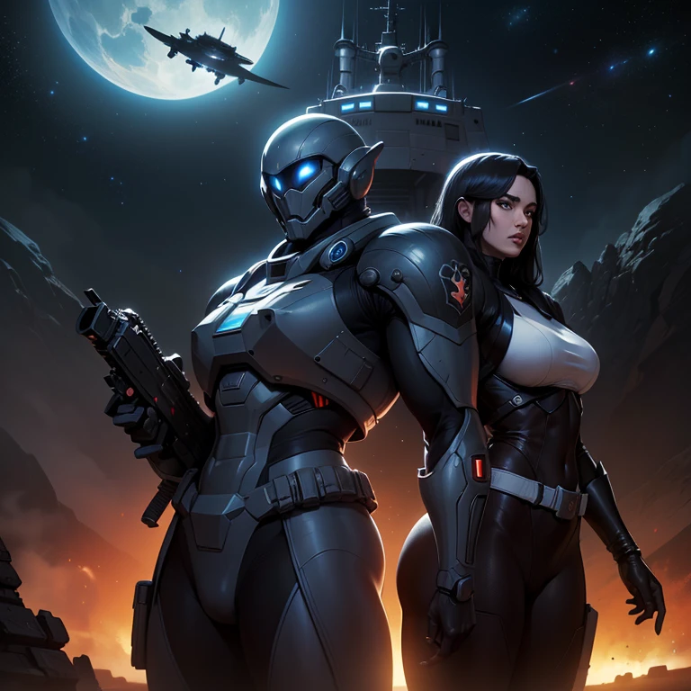pin-up style drawing, female Warhammer 40k space marine, sexy pose, armored bikini, posing on the bridge of a space dreadnought, holding a space marine assault rifle