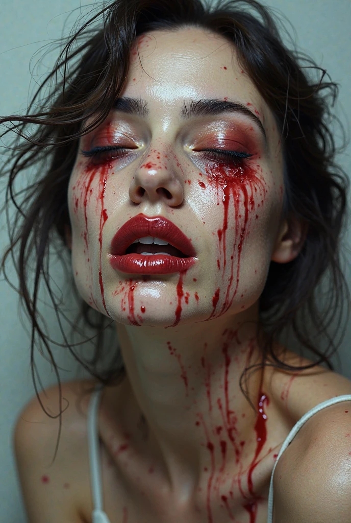 The image shows a woman with an intense expression, wearing a black dress and with her hair tied in an elegant bun. The visual highlight is the
blood, which covers part of his face and body, creating a dramatic mask that stretches from his forehead to his nose, down his neck and shoulders. The blood appears cool and viscous, providing a shocking contrast to her pale skin tone and red painted lips. The background is dark, which further accentuates the woman's figure and the impact of the blood on her look. The image has a dark and enigmatic style, mixing elements of beauty and horror.