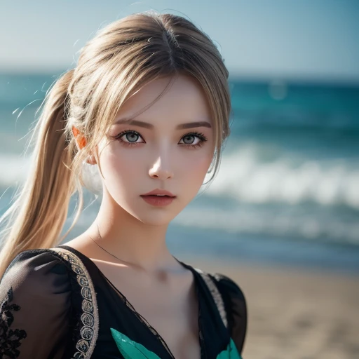 sexy big 、Sexy cute looks and cute 15 year old beautiful girl, beautiful and sexy face、A strong wind blows your hair in front of your face.、beautiful long blonde French braided hair、beautiful, Cute and sexy eyes hidden behind long bangs