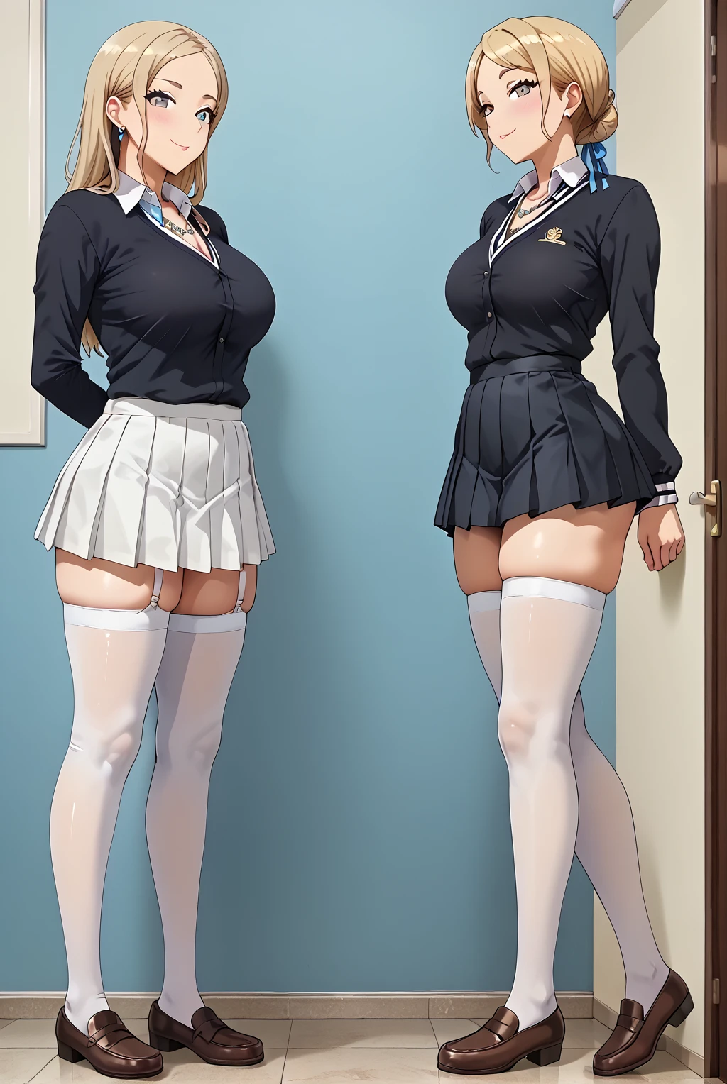 1girl,12yo,,my room,,standing,uniform,cardigans,miniskirt,looking viewer,(smirk),thighhighs,shoes,big breasts
