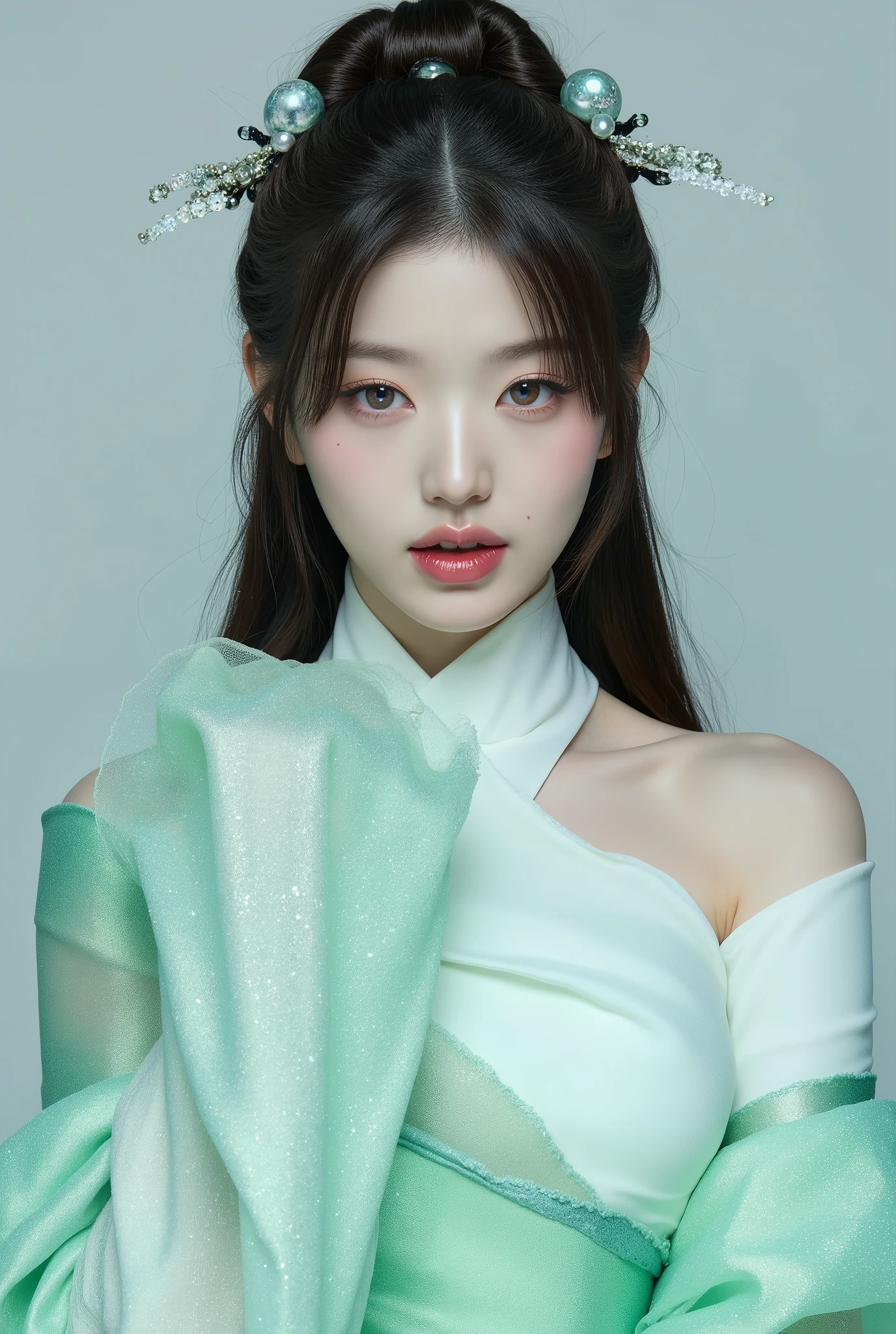 (Full Body), A luminous Korean beauty from ancient dynasties (221 BCE - 220 CE) stands majestically against a neutral background, her vibrant white-green twotone Wuxia attire radiating an otherworldly aura. David Lachapelle's lens captures the frozen moment of her polished body, Si-fi graphics luminescent attire, and captivating gaze meeting the camera with unflinching intensity. reflected light liquid metal fabric attire, 8K resolution reveals razor-sharp features, high-contrast details, and Traditional Chinese hairstyles, while a subtle sheen on her lips hints at the application of Traditional lipstick, spiritual cosmic to realistic, reflected light Glass hair pin
