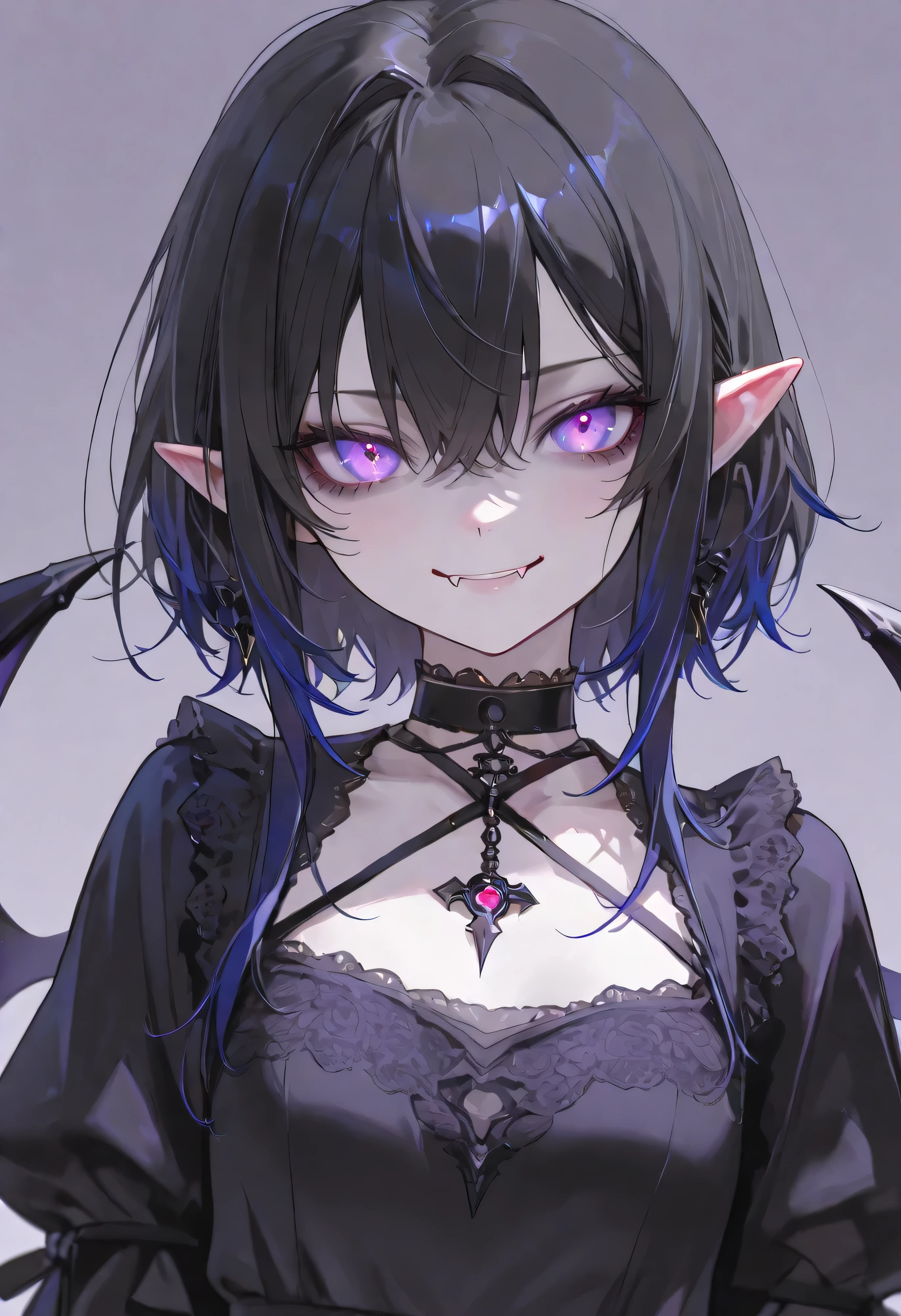 A gothic vampire girl with short black hair and dark blue tips, glowing purple eyes, and sharp fangs. She has pale skin and an eerie yet enchanting smile. She wears an elegant black and purple lace gothic dress with intricate details, along with a dark choker featuring a bat-shaped pendant. Her elf-like pointed ears add a supernatural charm. The background is dark and mysterious, with gothic patterns and shadows creating a haunting yet captivating atmosphere. Her expression is both playful and intimidating, embodying a perfect mix of beauty and menace