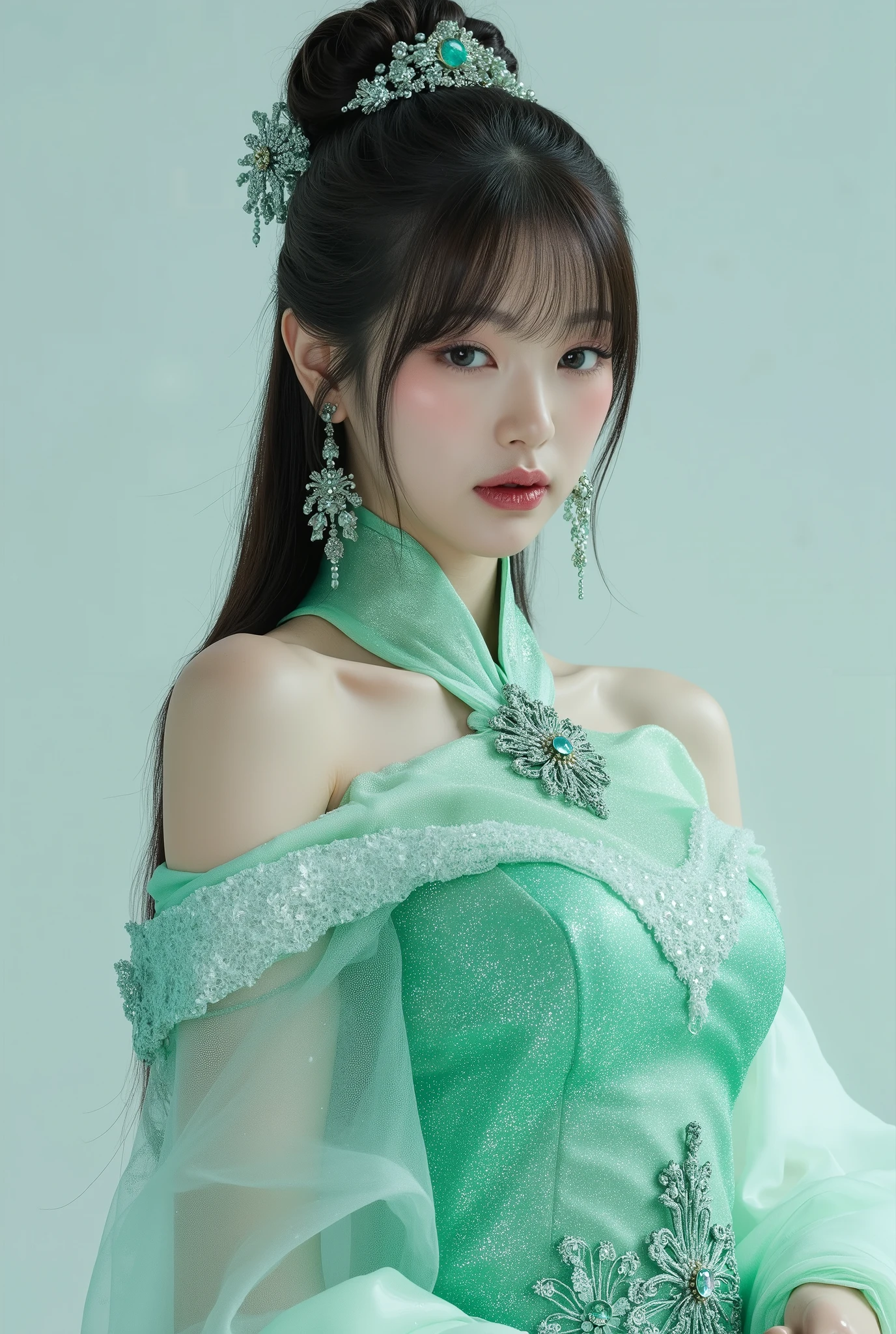 (Full Body), A luminous Korean beauty from ancient dynasties (221 BCE - 220 CE) stands majestically against a neutral background, her vibrant white-green twotone Wuxia attire radiating an otherworldly aura. David Lachapelle's lens captures the frozen moment of her polished body, Si-fi graphics luminescent attire, and captivating gaze meeting the camera with unflinching intensity. reflected light liquid metal fabric attire, 8K resolution reveals razor-sharp features, high-contrast details, and Traditional Chinese hairstyles, while a subtle sheen on her lips hints at the application of Traditional lipstick, spiritual cosmic to realistic, reflected light Glass hair pin 