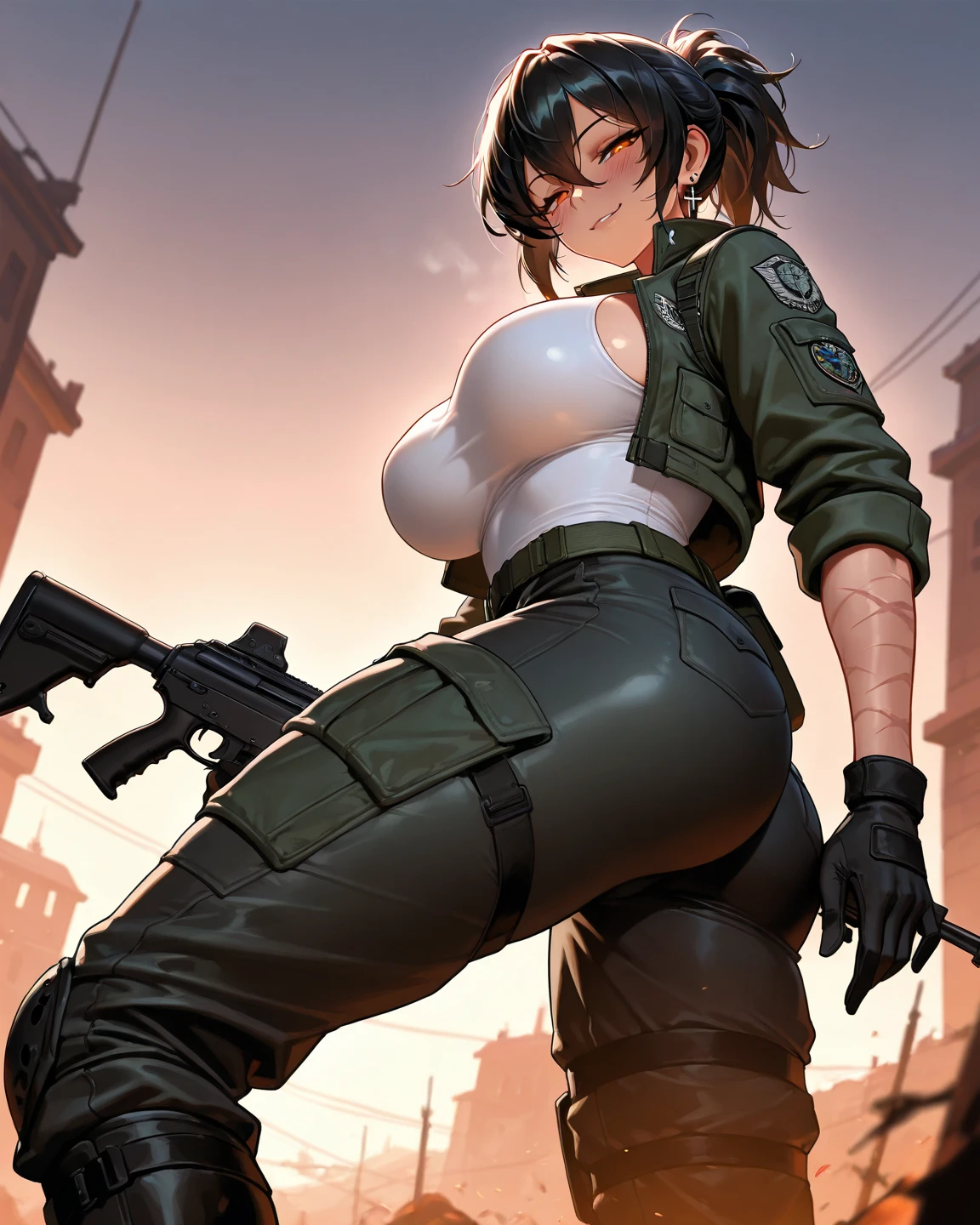 A female army infantry, winter camouflage patterned combat uniform, excitement, ((open mouth, intense orgasm smiling)), (spread legs, straddling camouflage patterned dildo, (insert dildo into her pubic), (her hand is at nipple, masturbation)), pubic hair, in combat, battlefield, (army helmet, carrying back-pack with wireless antenna, camouflage patterned thigh-high, short hair, rifle), the ruin the city is on fire, angle from below, Blood all over the body,