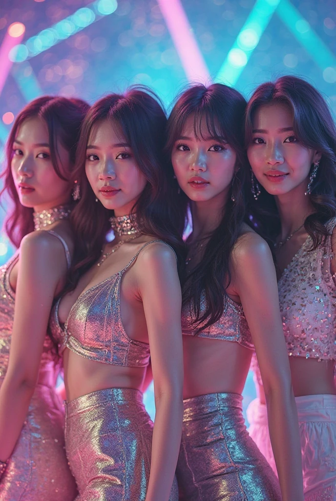 (3girl:1.4), Amazing face and eyes, Smile, energy, vitality, (Idol), (Idol outfit), (Best Quality:1.4), extremely detailed CG unified 8k wallpaper, Highly detailed, High-definition raw color photos, professional photograpy, Realistic portrait, (stage)