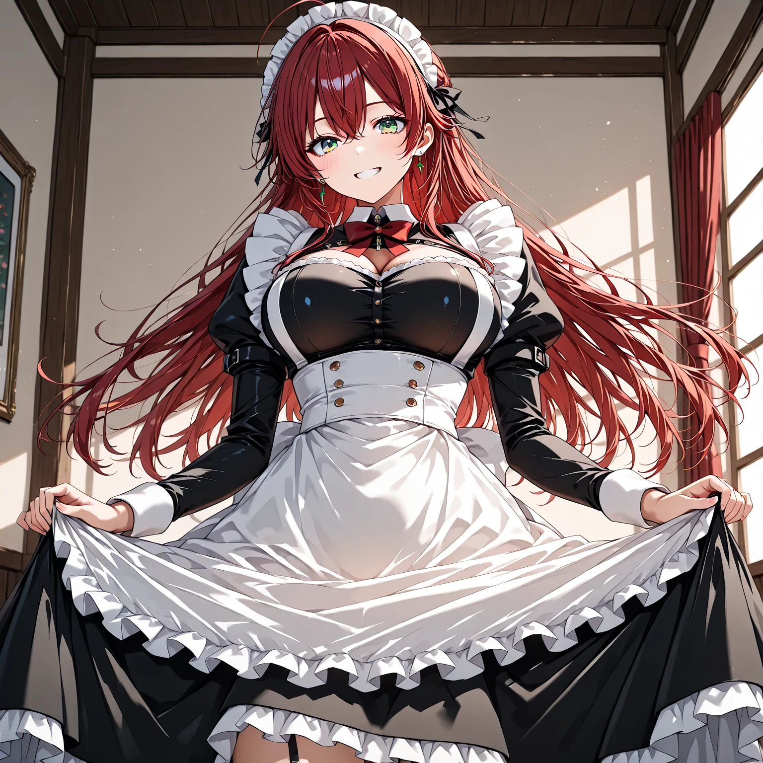 masterpiece, highest quality、Medium wide shot、Cowboy Shot、(aty, long hair, blue eyes, red hair、Hair between the eyes)、((Big Breasts、Huge breasts))、laughing、Gothic、gothic、Gothic ta、Maid、maid、