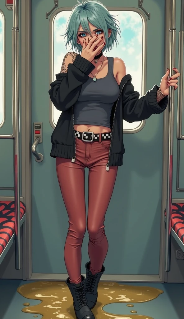 best quality,ultra-detailed,((full body)),((one boy)),((fem boy)),((trap)),((fake girl)),((black choker)),((short hair)),((man’s body)),((dress up as a woman)),blush,flustred,((no breasts)),(cardigan),(off-shoulder tops)),((denim-shorts)),((high-heel-shoes)),vibrant colors,soft lighting,background:street