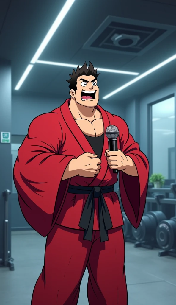 An anime-style character resembling a famous Brazilian TV host, Faustao, wearing a red kimono and holding a microphone, stands inside a high-tech gym with bright lighting. He looks shocked and excited, ready to train with a huge bodybuilder by the name of Toguro.