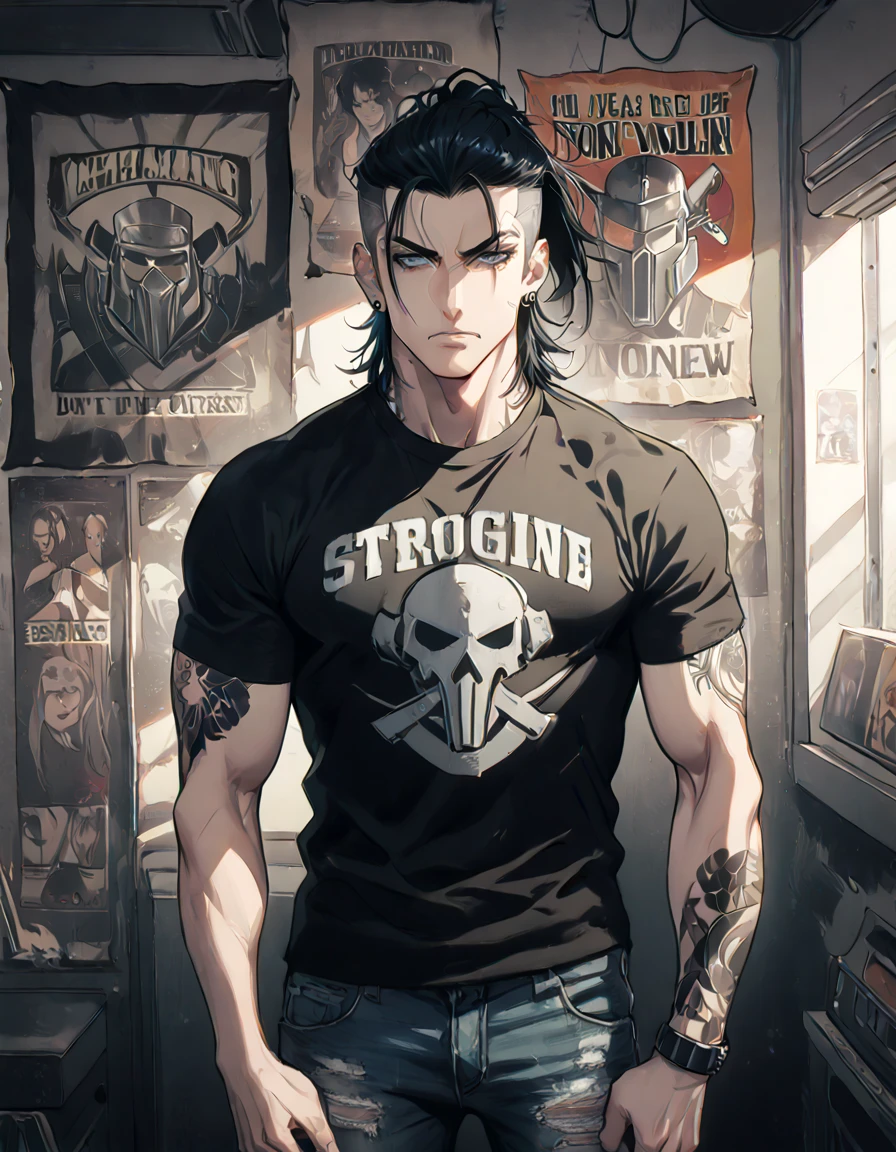Anime metalhead man wearing t-shirt n jeans mask with black background