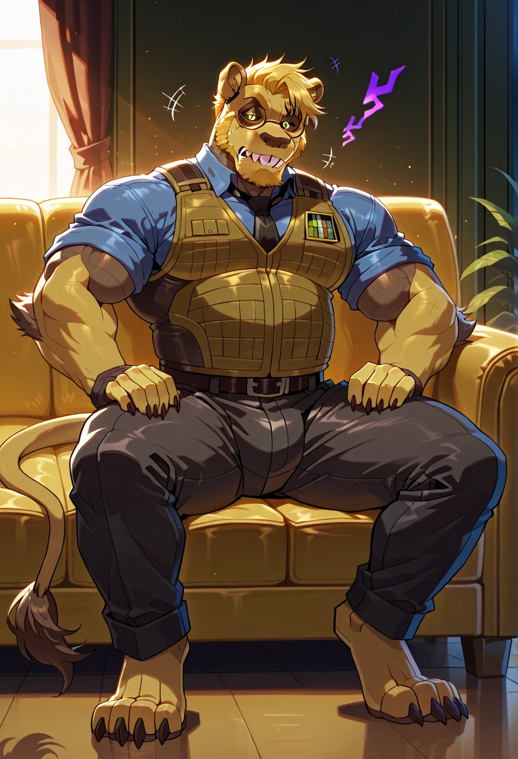 masterpiece, best quality, 8k resolution, Very detailed, hairy,(((lion)),(((Mature))),(((beard))),(((Strong))),(((portrait))),(((police office))),For the audience,(((Police Uniform))),(((sit on the chair))),(((Tongue out))),Highest quality scene,Solitary,solitary,(((whole body))),(((Shameful))),(((Blushing))),((( VR glasses))),(((Legs apart))),(((Sweat))),((Fat-enclosed muscle)),(((Round face))),(((alone))),(((Strong body))),(((Hip bulge))),