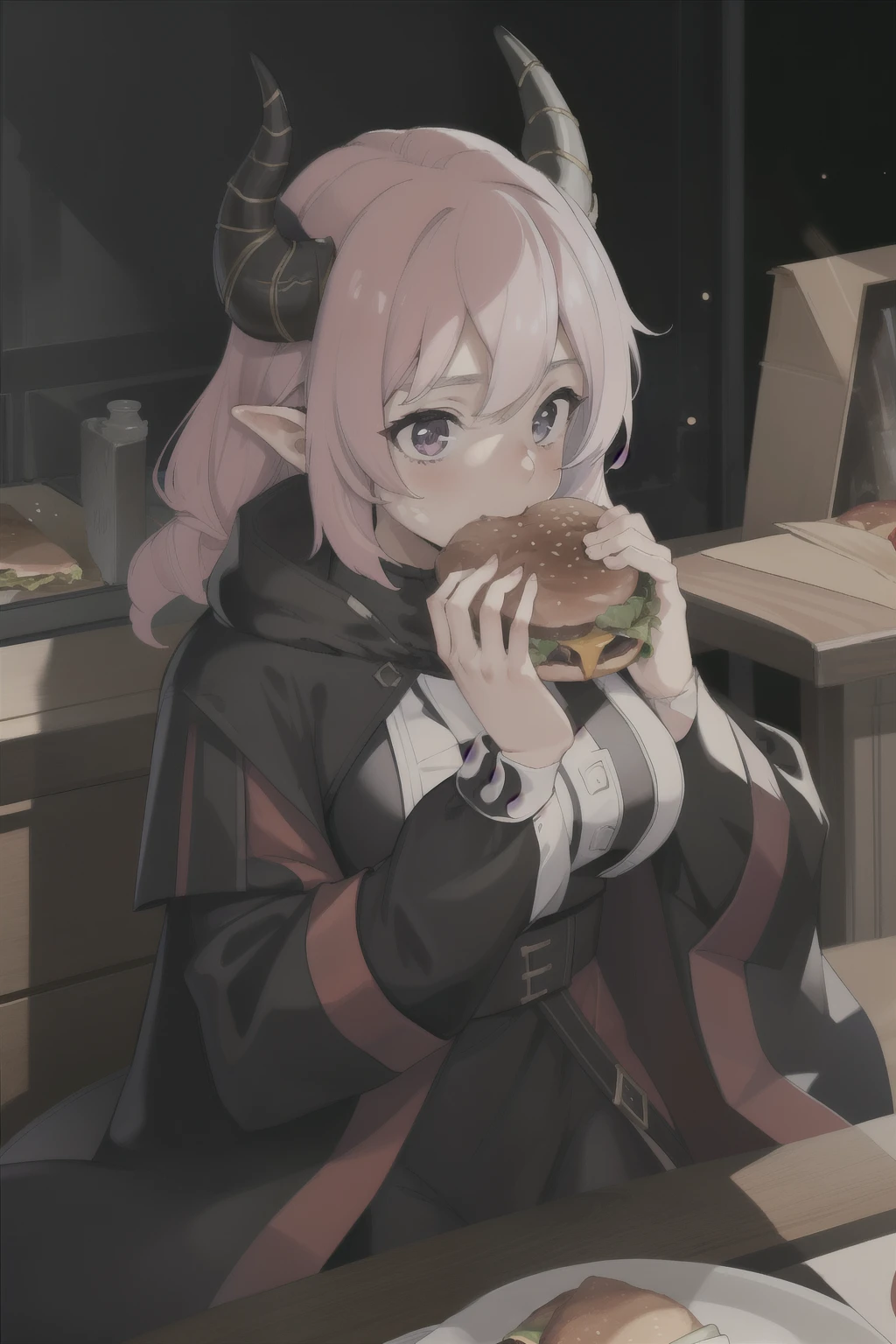 (masterpiece, best quality), intricate details, 8k, artstation, wallpaper, official art, splash art, sharp focus,
1girl, la+ darkness, black coat, black dress, white sleeves, sleeves past finger, sleeves past wrists, horns,
two-handed burger, hamburger, food, eating,