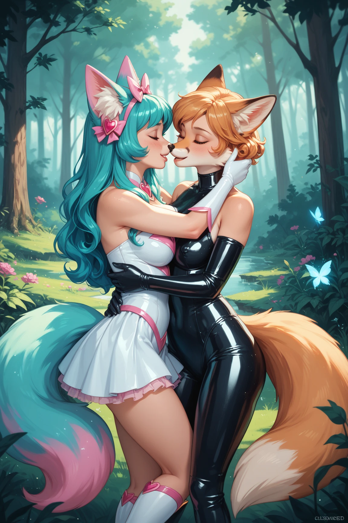 gals, furry, using sensual latex, breastsout, defined body, kissing, at beach, best qualityer, 3d, realisitic, anime styling
