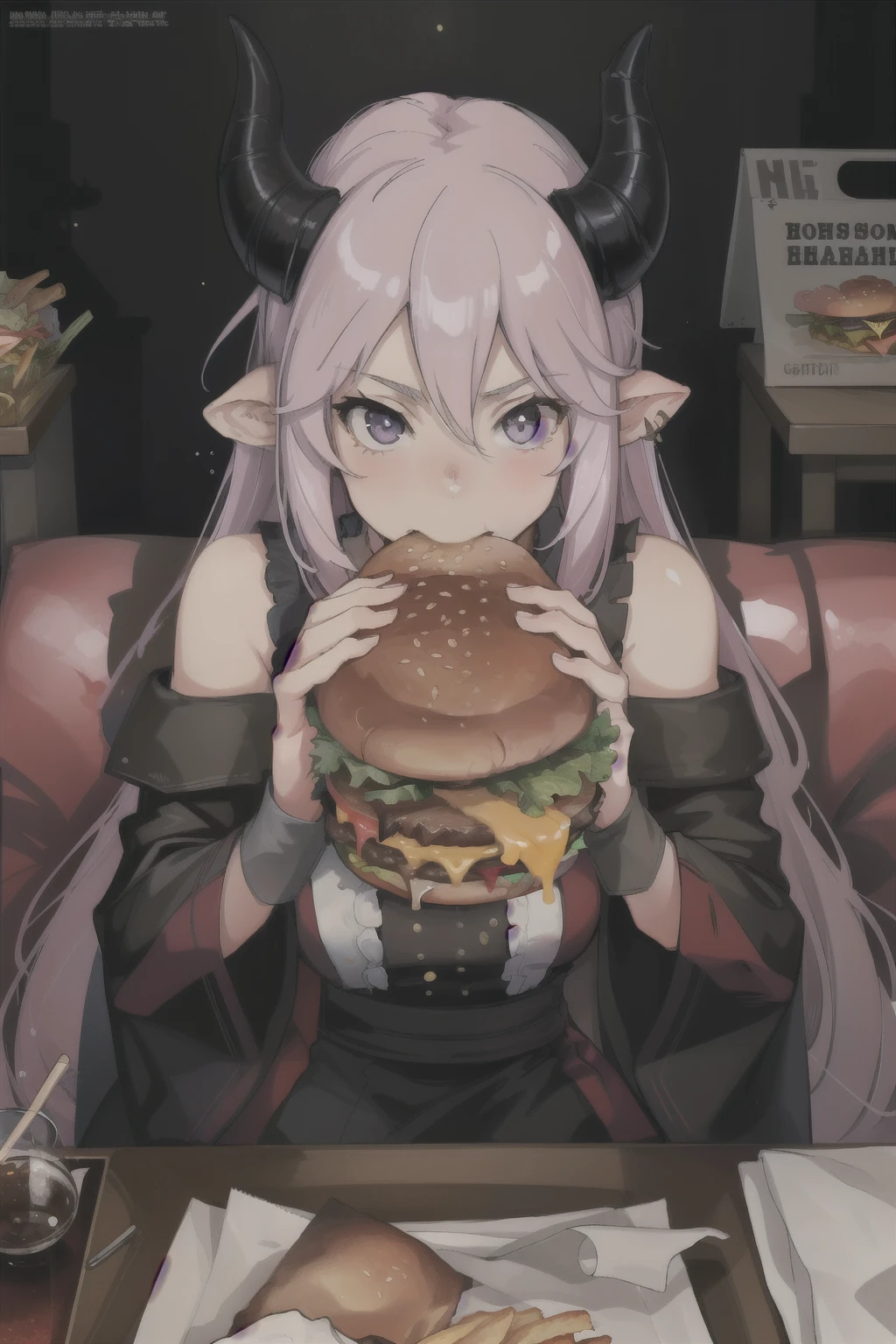 (masterpiece, best quality),  intricate details, 8k, artstation, wallpaper, official art, splash art, sharp focus,
1girl,   la+ darkness, black coat, black dress, white sleeves, sleeves past finger, sleeves past wrists, horns,
 two-handed burger, hamburger, food, eating,