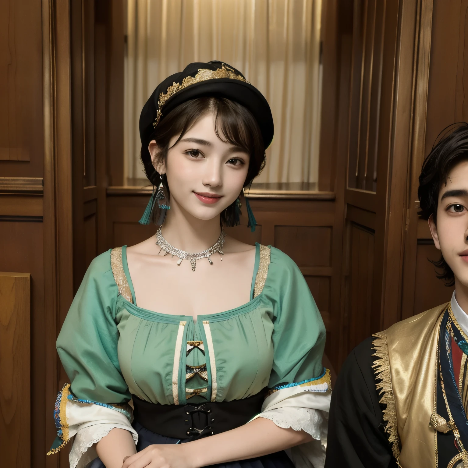 364 (20 year old woman and 20 year old man),(short hair), (high quality photos), (gentle smile), ( colorful costumes ), (Rembrandt painting)