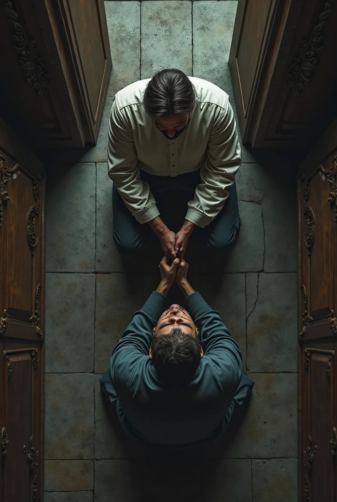 Overhead view of the confessional. The young man kneels in the dark ...
