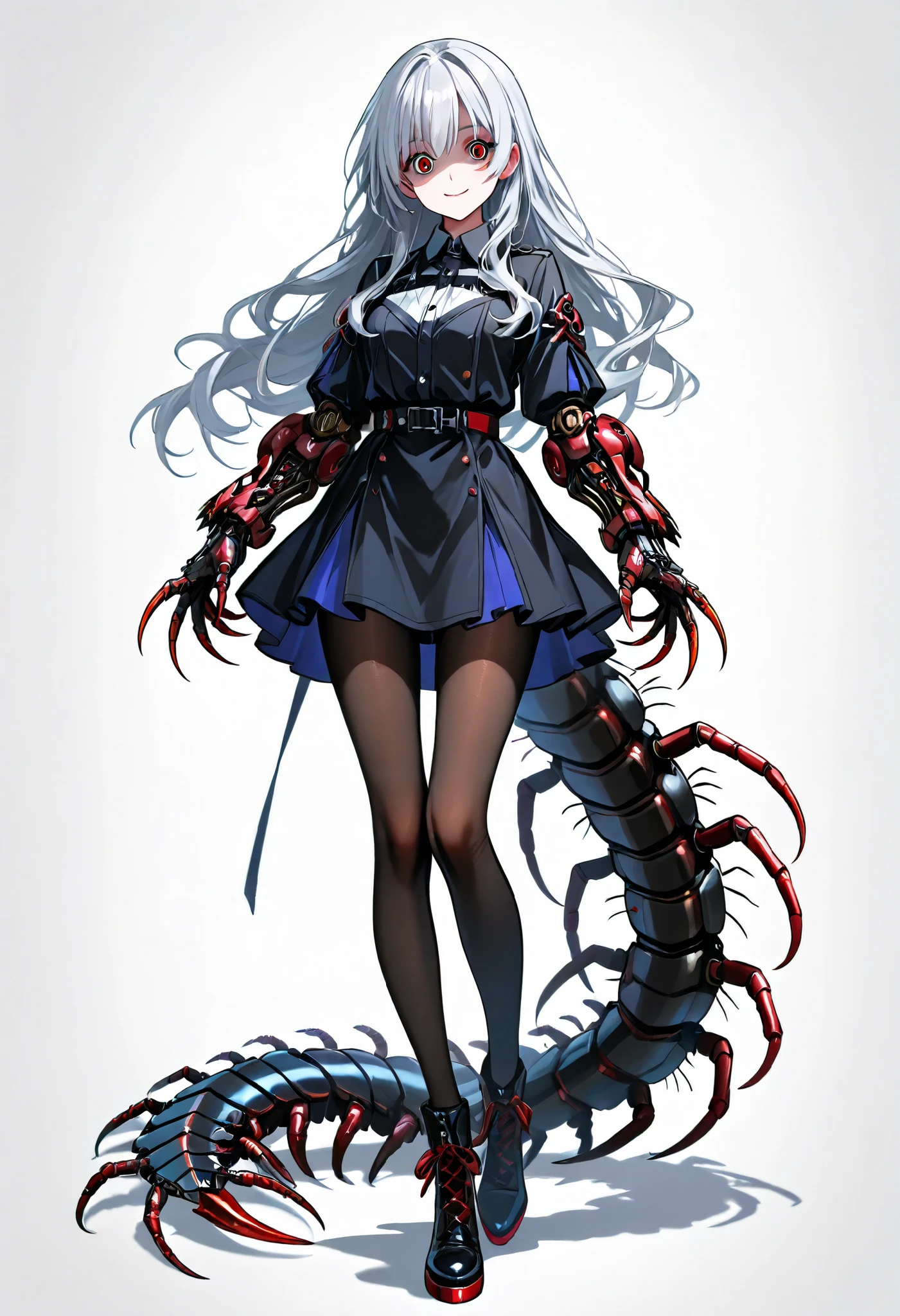 1 woman. Full body tights. Silver hair. Long hair. Yandere. Centipede tail. Big mechanical hands. Sharp claws. White background.