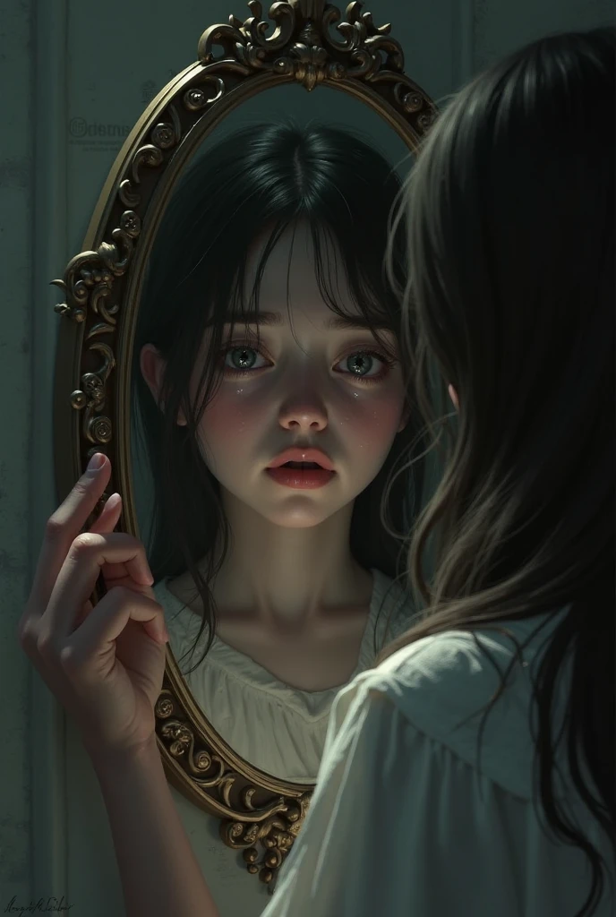 Two little girls were sitting, one looking at the front, the other holding the doll and looking at her, and behind it were holes with cobwebs
