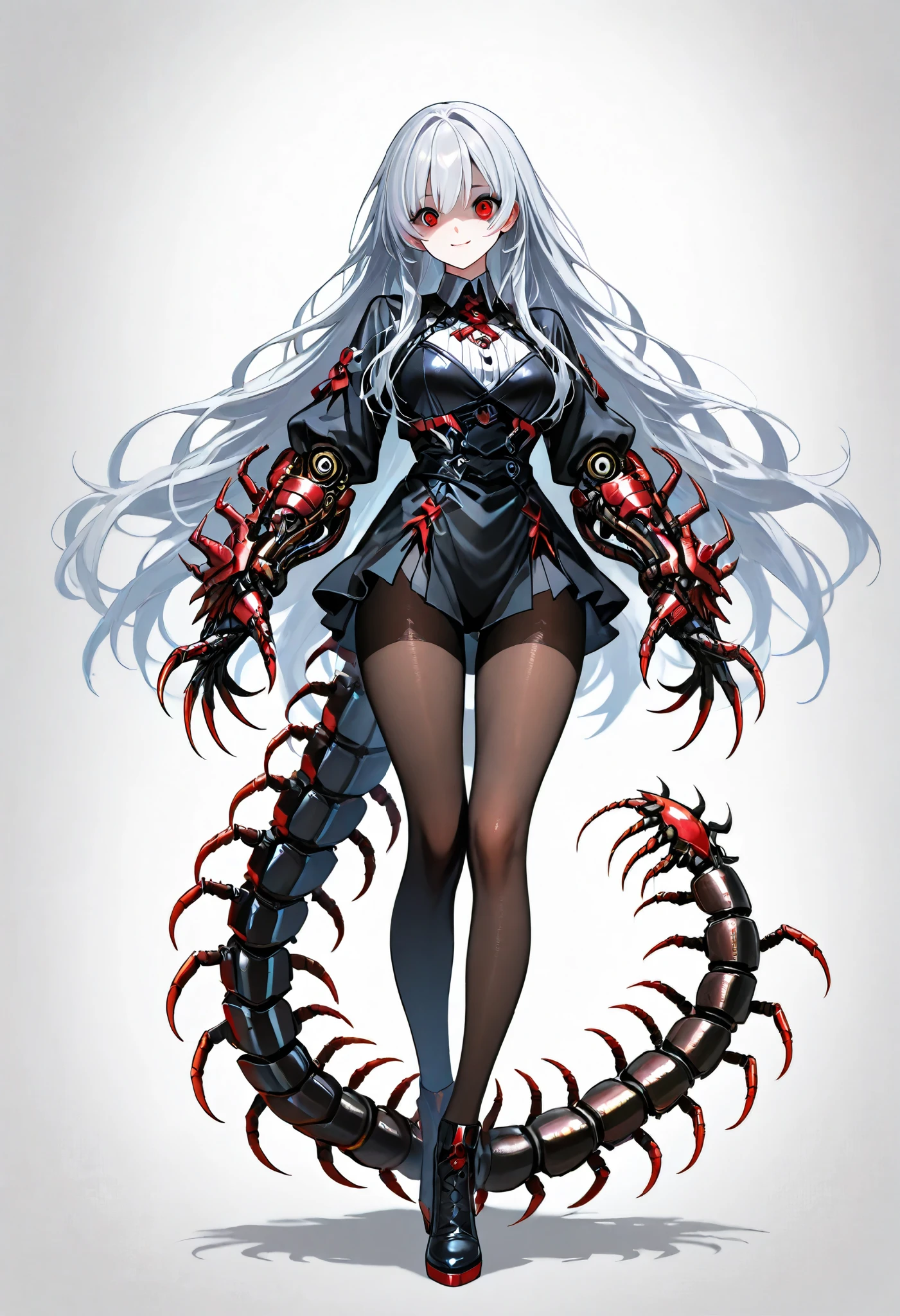 1 woman. Full body tights. Silver hair. Long hair. Yandere. Centipede tail. Big mechanical hands. Sharp claws. White background.