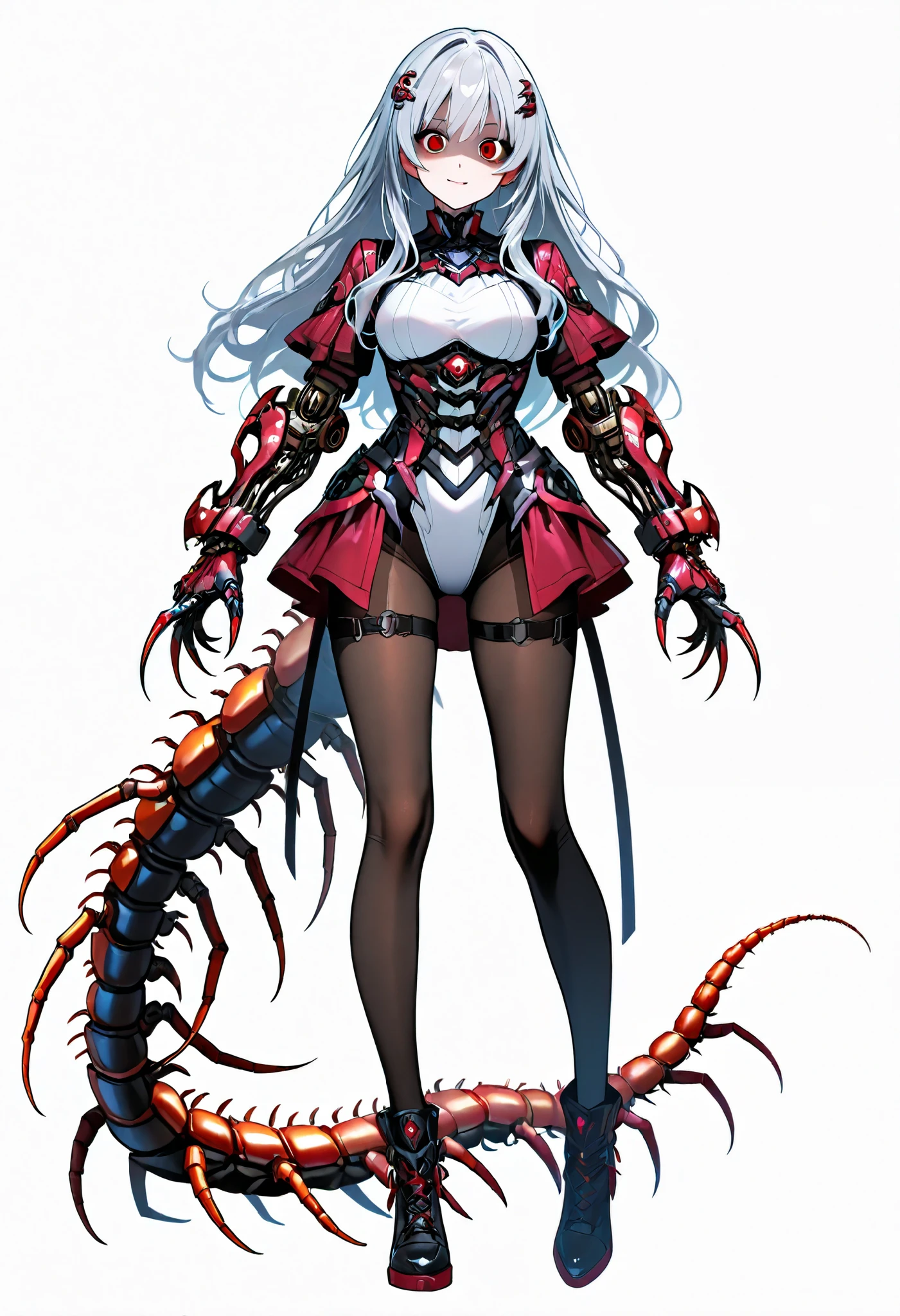 1 woman. Full body tights. Silver hair. Long hair. Yandere. Centipede tail. Big mechanical hands. Sharp claws. White background.