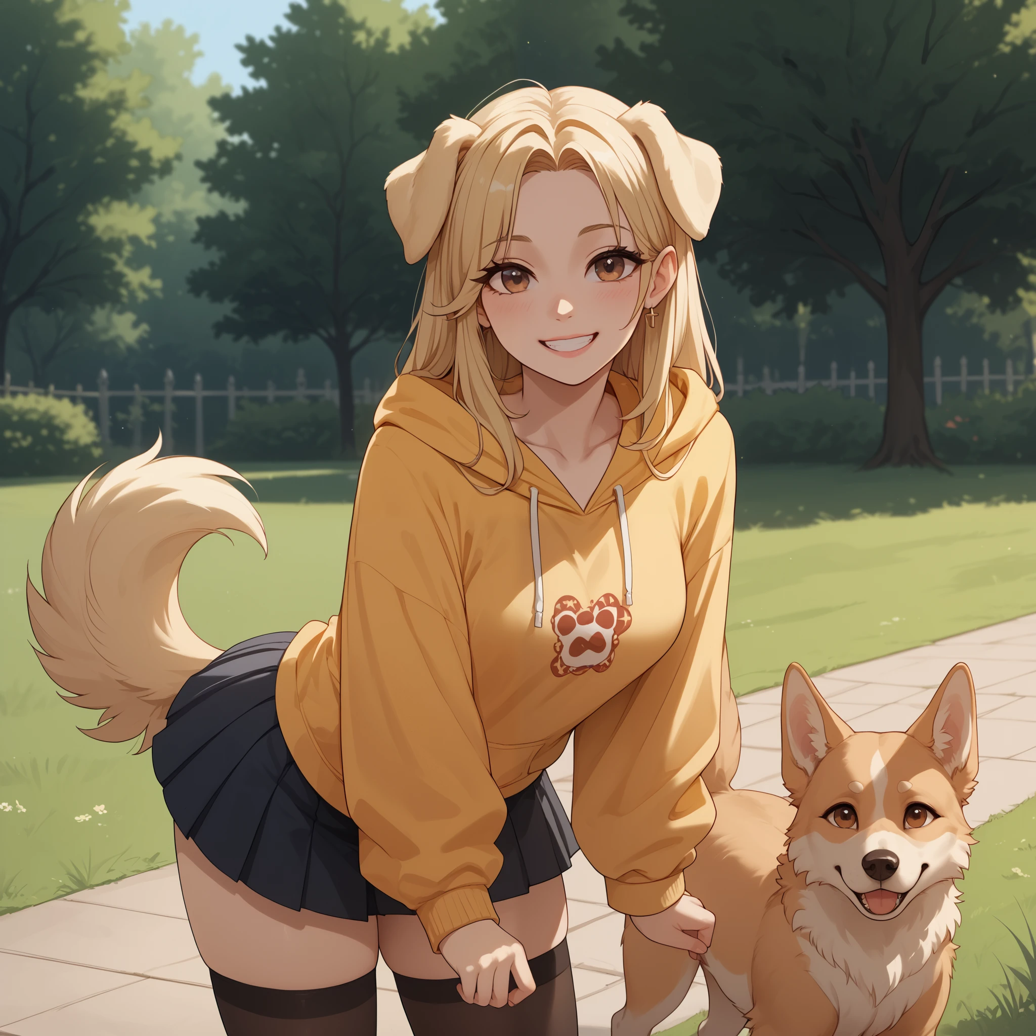 (Masterpiece) (High Detail) (High Res) A short curvy slim Humanoid canine female with pale human skin and brown eyes and long blonde straight hair and fluffy blonde floppy doggy canine ears and a long fluffy blonde doggy canine tail and medium breasts. She is sat in the park with her large adult Golden Retriever Canine and is smiling happily. Cinematic lighting. She is wearing an oversized hoodie and thigh high stockings and a black pleated skirt. Human and Feral Dog. Fluffy