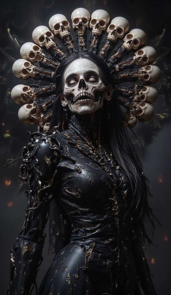 a close up of a woman with a skull face and a hood on, goddess of death, adorned with demon skulls, queen of death, close-up portrait goddess skull, style of giger, scary queen of death, beautiful necromancer, beautiful male god of death, highly detailed dark art, saint skeleton queen, dark, evil death