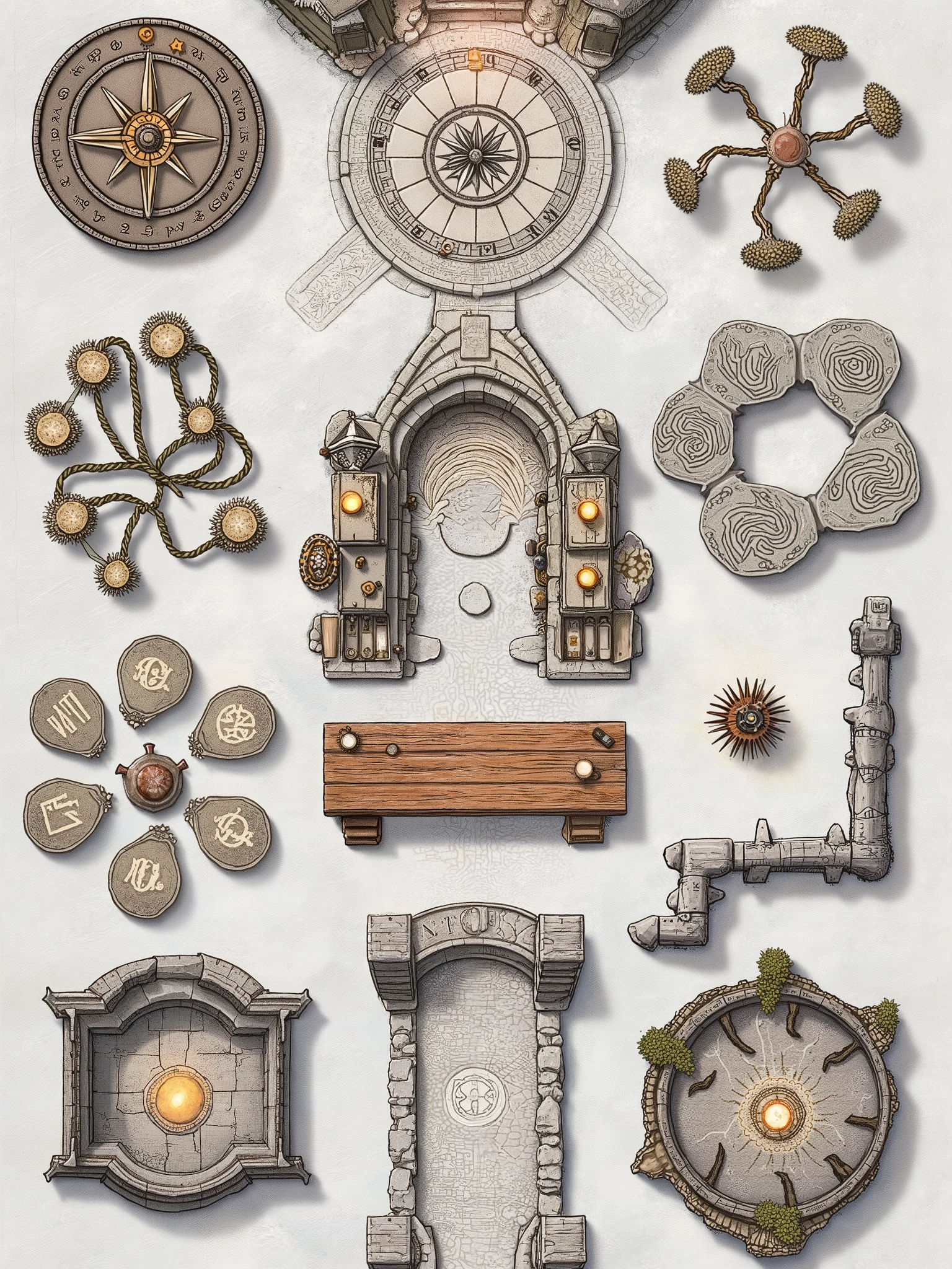 Hand-drawn top-down view image featuring a pack of eight unique fantasy assets arranged with ample spacing on a plain white background, perfect for Dungeondraft. Include:

Celestial Compass Stone – A circular stone artifact intricately etched with astronomical symbols and delicate, glowing accents, suggesting a mystical navigation tool lost to time.
Fae Ring Grove – A naturally arranged circle of ancient, slender trees surrounded by clusters of luminescent mushrooms and soft, enchanted glows, evoking a secret meeting place of the fae.
Forgotten Alchemist’s Workbench – A weathered stone workbench cluttered with scattered vials, arcane apparatus, and faded runic inscriptions, hinting at long-forgotten experiments and mysterious concoctions.
Mystic Portal Arch – A detailed stone arch adorned with swirling, otherworldly runes and faintly luminous sigils, implying a gateway to alternate realms or hidden dimensions.
Runestone Circle – A clustered arrangement of flat, ancient stones inscribed with cryptic symbols, forming a sacred circle that suggests a site of powerful rituals and converging magic.
Ethereal Lantern Post – A rustic stone post topped with an ornate lantern emitting a soft, spectral glow, adding a touch of ambient magic to dark, mysterious pathways.
Warden’s Battlement – A fragment of a crumbling fortress wall with a weathered parapet and moss-clad stone, evoking the remnants of an ancient defensive stronghold.
Mystic Tree of Whispers – A solitary, ancient tree with twisting, intricate branches and a trunk etched with mysterious symbols, its translucent leaves hinting at whispered secrets and hidden lore.
These assets are rendered in a cohesive, hand-drawn map aesthetic with muted earthy tones and subtle luminous accents, perfect for populating your fantasy tabletop maps
