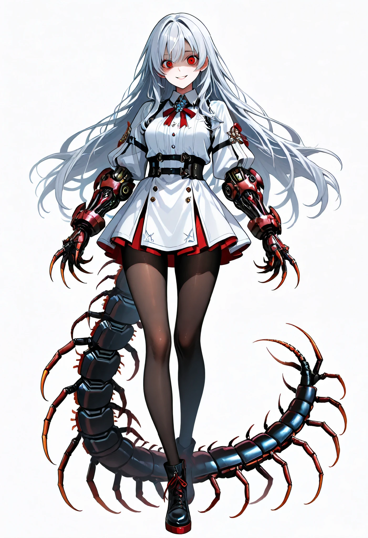 1 woman. Full body tights. Silver hair. Long hair. Yandere. Centipede tail. Big mechanical hands. Sharp claws. White background.