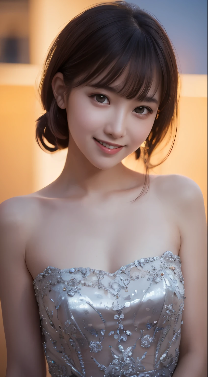 A close up of a woman in a silver dress posing for a picture - SeaArt AI