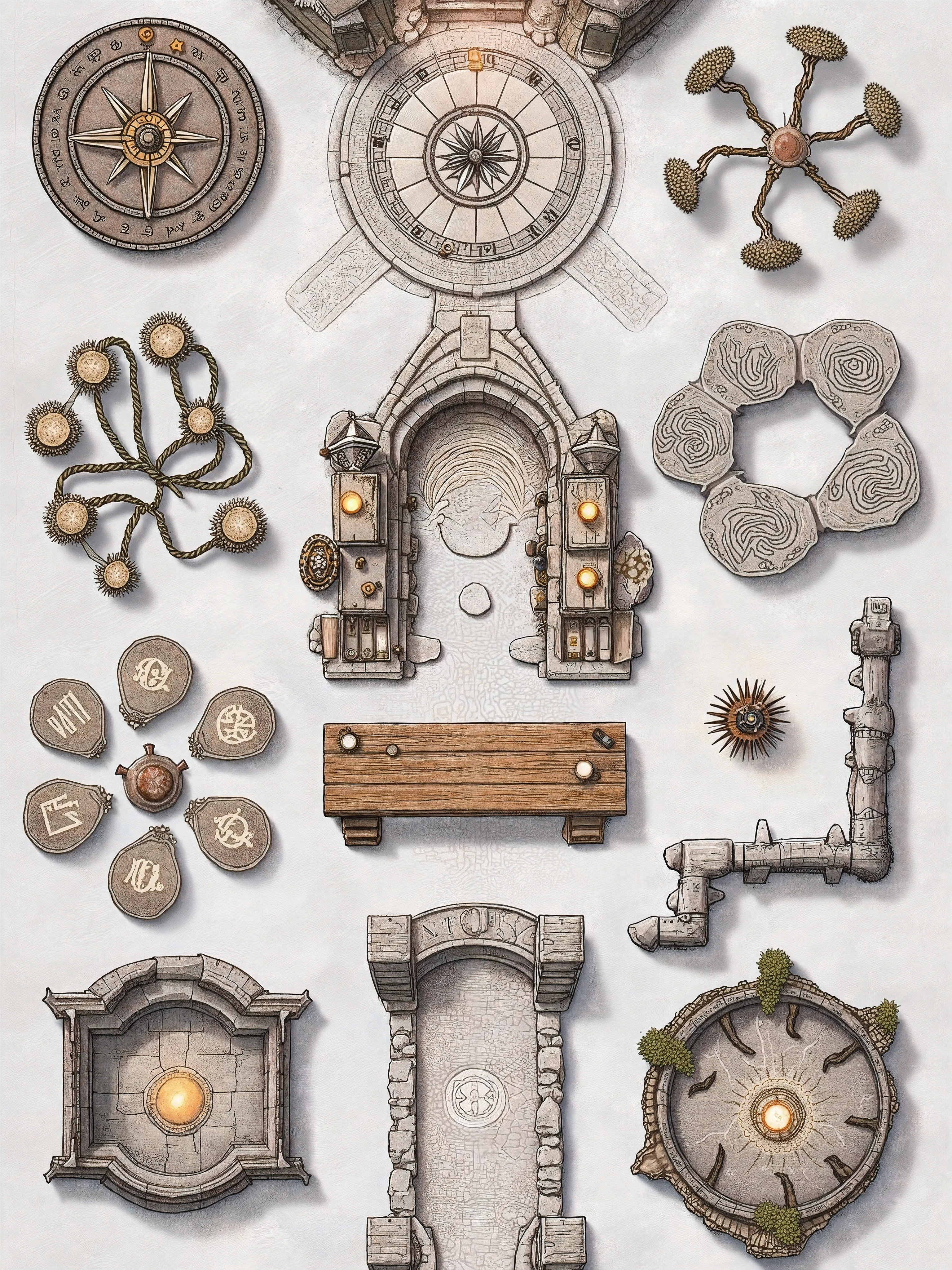 Hand-drawn top-down view image featuring a pack of eight unique fantasy assets arranged with ample spacing on a plain white background, perfect for Dungeondraft. Include:
Celestial Compass Stone – A circular stone artifact intricately etched with astronomical symbols and delicate, glowing accents, suggesting a mystical navigation tool lost to time.
Fae Ring Grove – A naturally arranged circle of ancient, slender trees surrounded by clusters of luminescent mushrooms and soft, enchanted glows, evoking a secret meeting place of the fae.
Forgotten Alchemist’s Workbench – A weathered stone workbench cluttered with scattered vials, arcane apparatus, and faded runic inscriptions, hinting at long-forgotten experiments and mysterious concoctions.
Mystic Portal Arch – A detailed stone arch adorned with swirling, otherworldly runes and faintly luminous sigils, implying a gateway to alternate realms or hidden dimensions.
Runestone Circle – A clustered arrangement of flat, ancient stones inscribed with cryptic symbols, forming a sacred circle that suggests a site of powerful rituals and converging magic.
Ethereal Lantern Post – A rustic stone post topped with an ornate lantern emitting a soft, spectral glow, adding a touch of ambient magic to dark, mysterious pathways.
Warden’s Battlement – A fragment of a crumbling fortress wall with a weathered parapet and moss-clad stone, evoking the remnants of an ancient defensive stronghold.
Mystic Tree of Whispers – A solitary, ancient tree with twisting, intricate branches and a trunk etched with mysterious symbols, its translucent leaves hinting at whispered secrets and hidden lore.
These assets are rendered in a cohesive, hand-drawn map aesthetic with muted earthy tones and subtle luminous accents, perfect for populating your fantasy tabletop maps